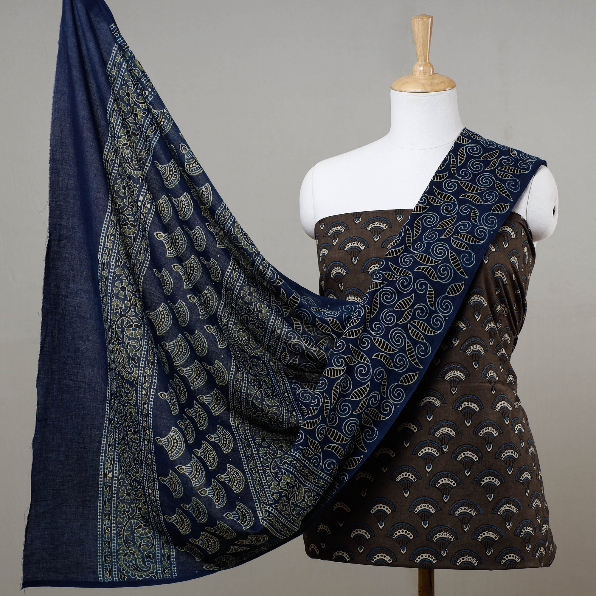 KACHCHH JI CHHAAP Brown - 3pc Ajrakh Block Printed Cotton Suit Material Set