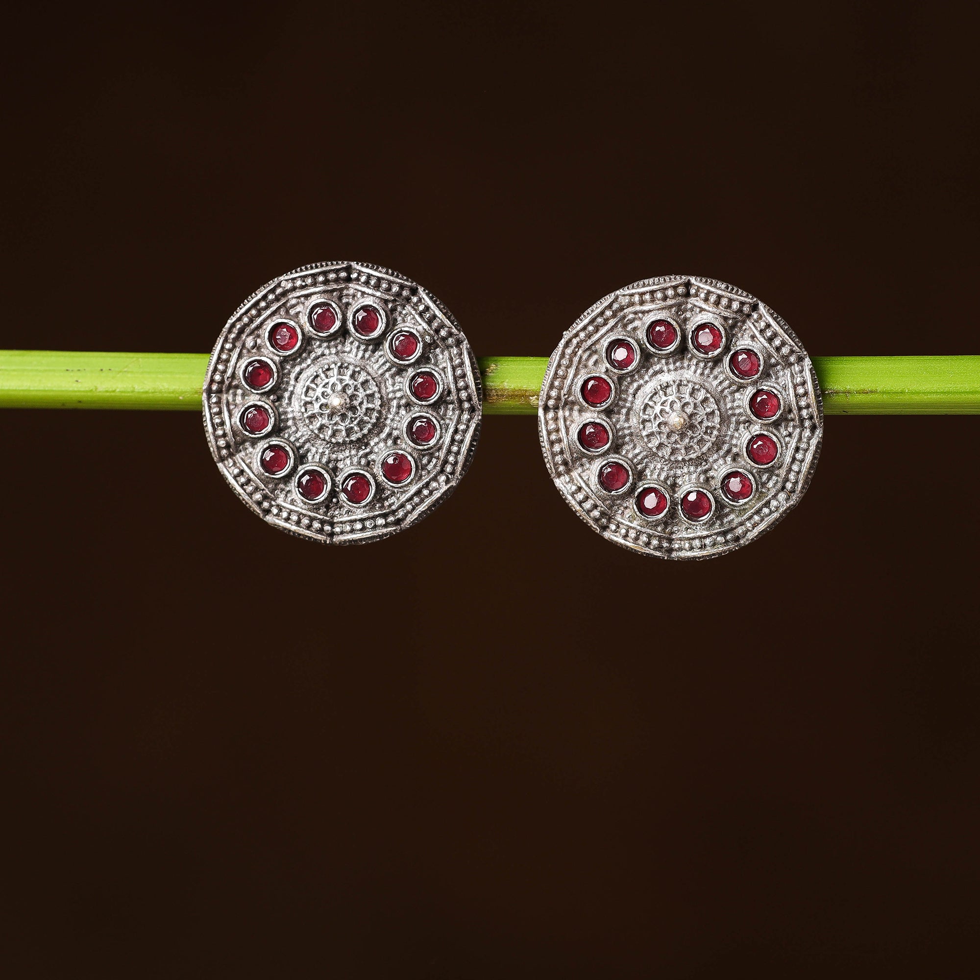 WHITE RIVER STORIES Antique Silver Finish Oxidised Brass Base Stone Work Stud Earrings