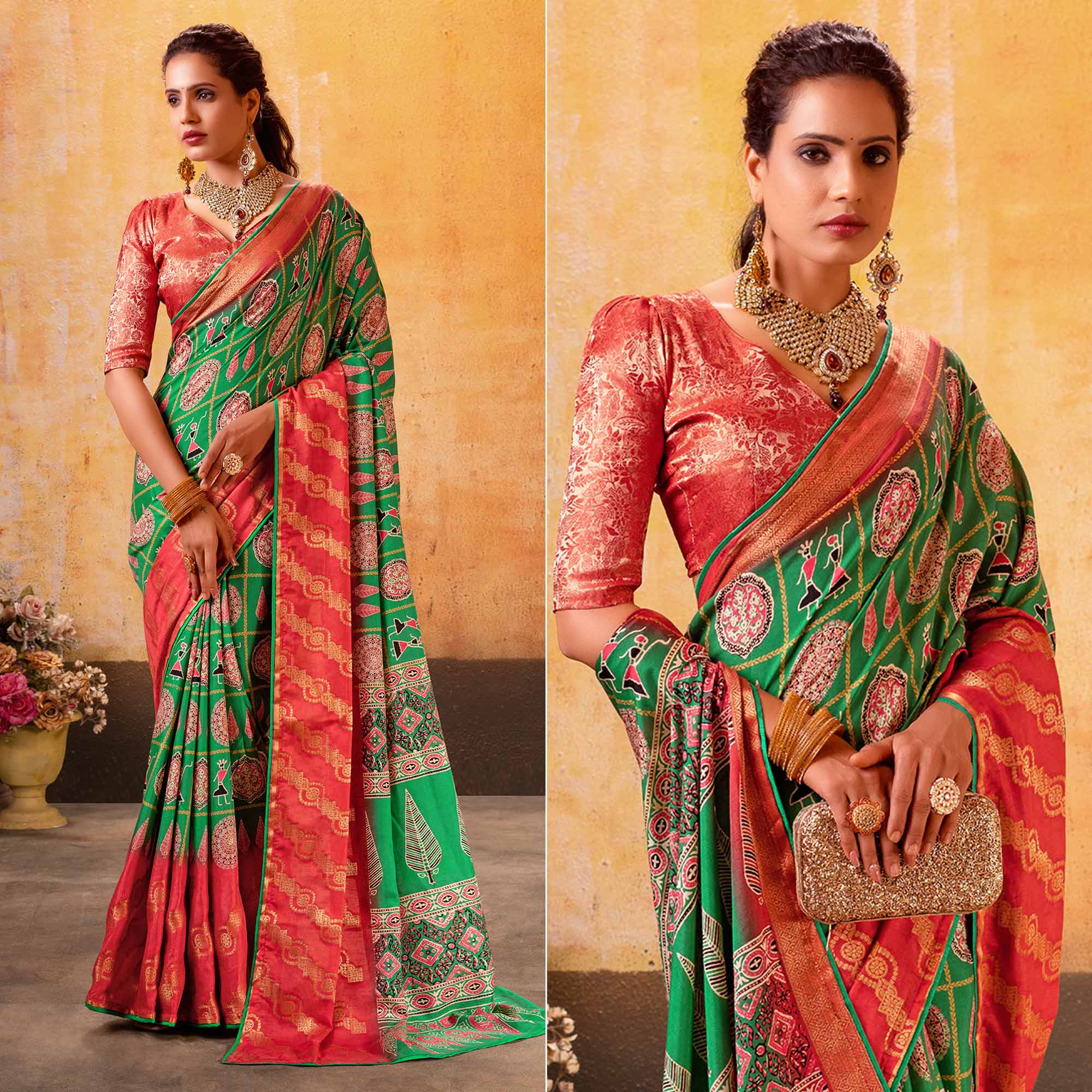 Peachmode Rama Green Patola Printed Jacquard Saree