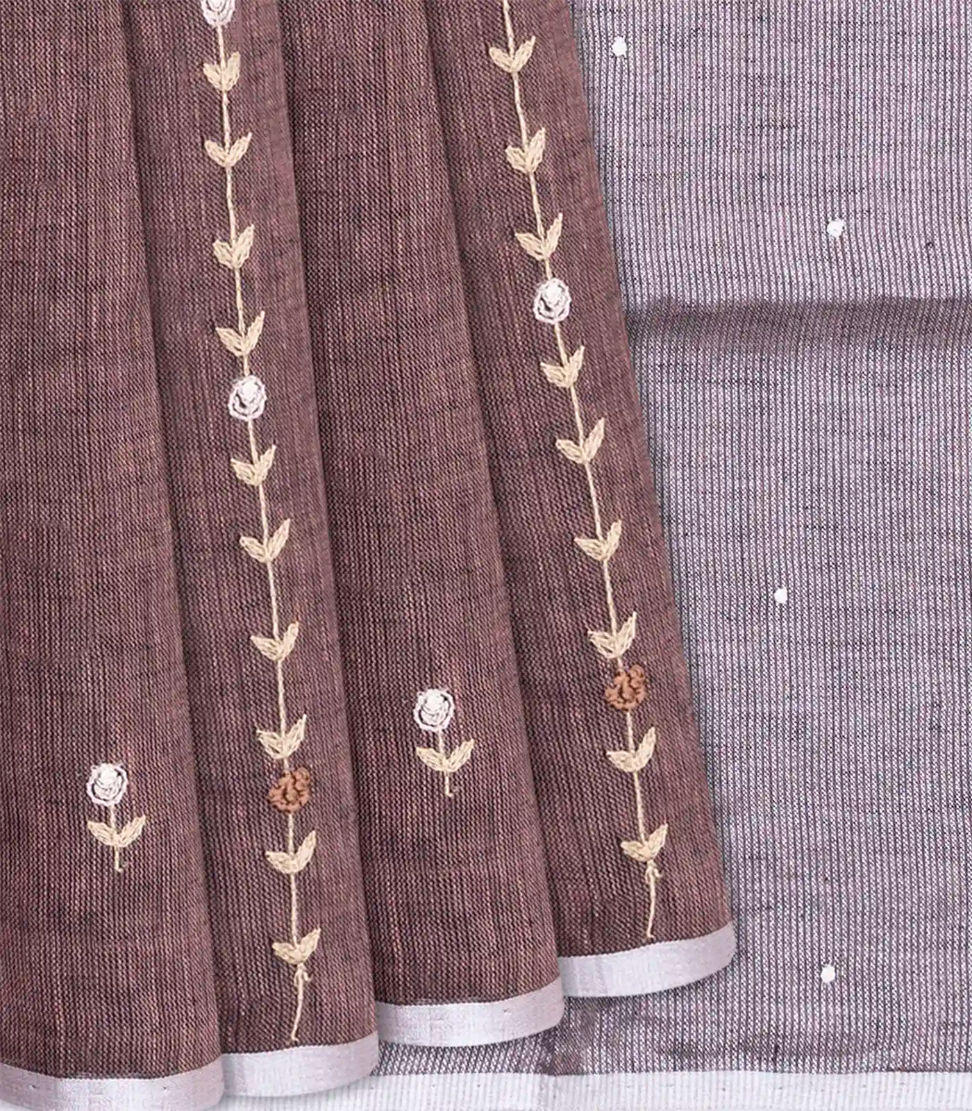 RmKV Brown Handloom Linen Saree With Floral Stripes Embroidery-Brown