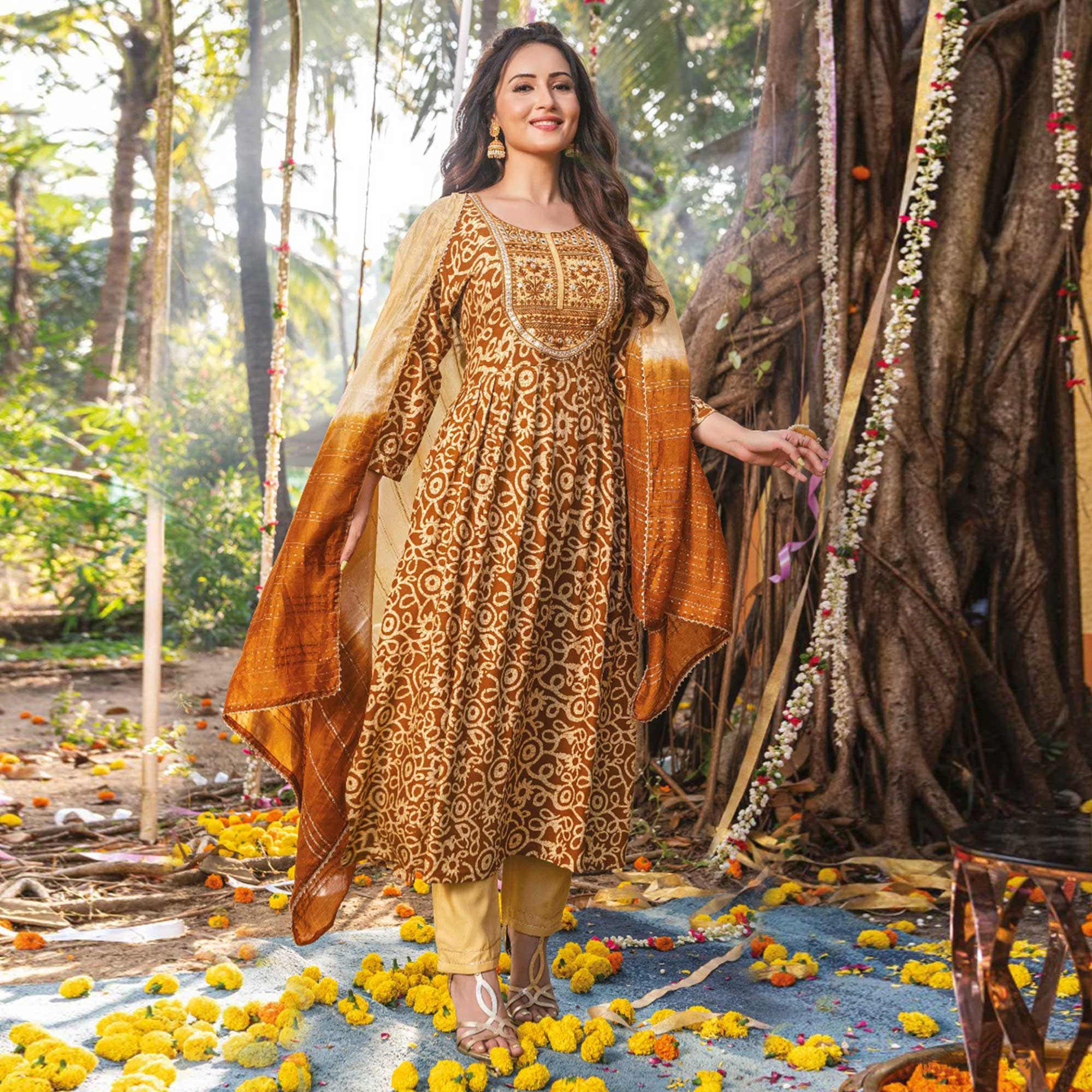 Peachmode Seller Brown Printed Rayon Naira Cut Suit - view 2