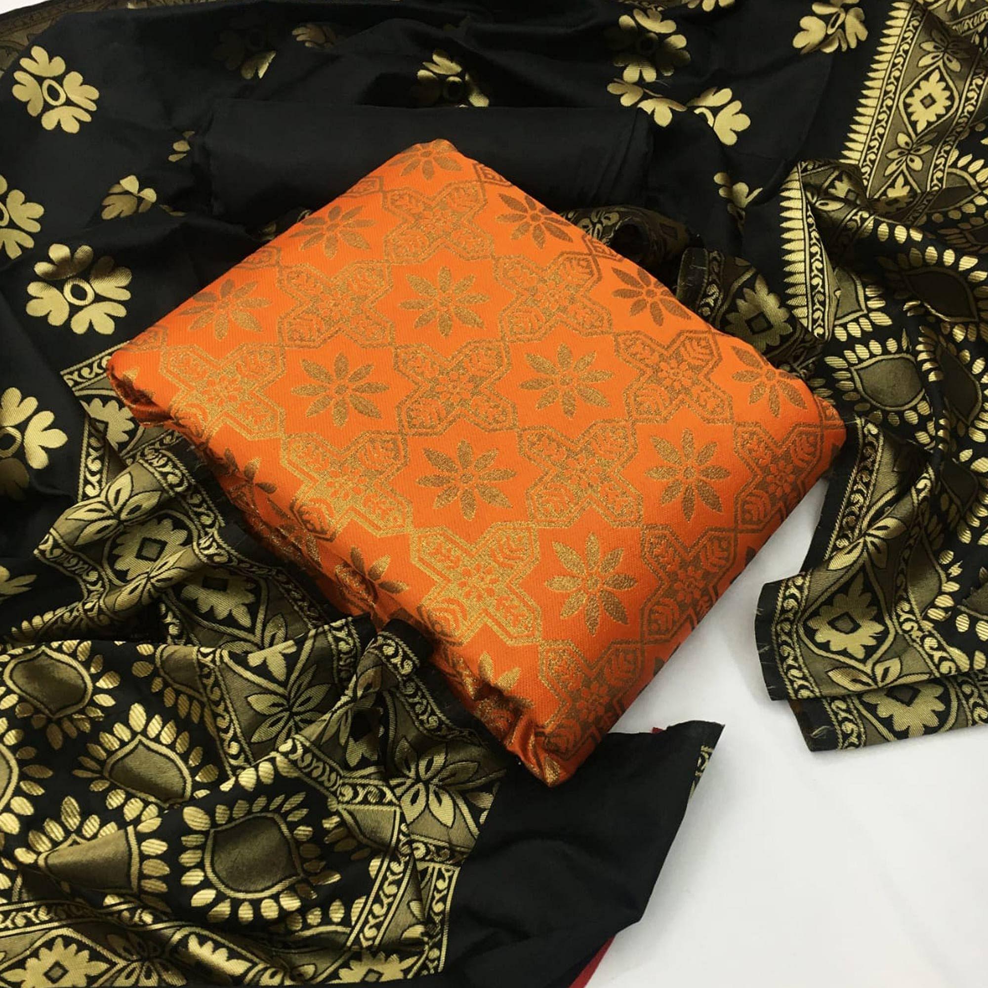 Peachmode Flirty Orange Colored Casual Wear Woven Banarasi Silk Dress Material