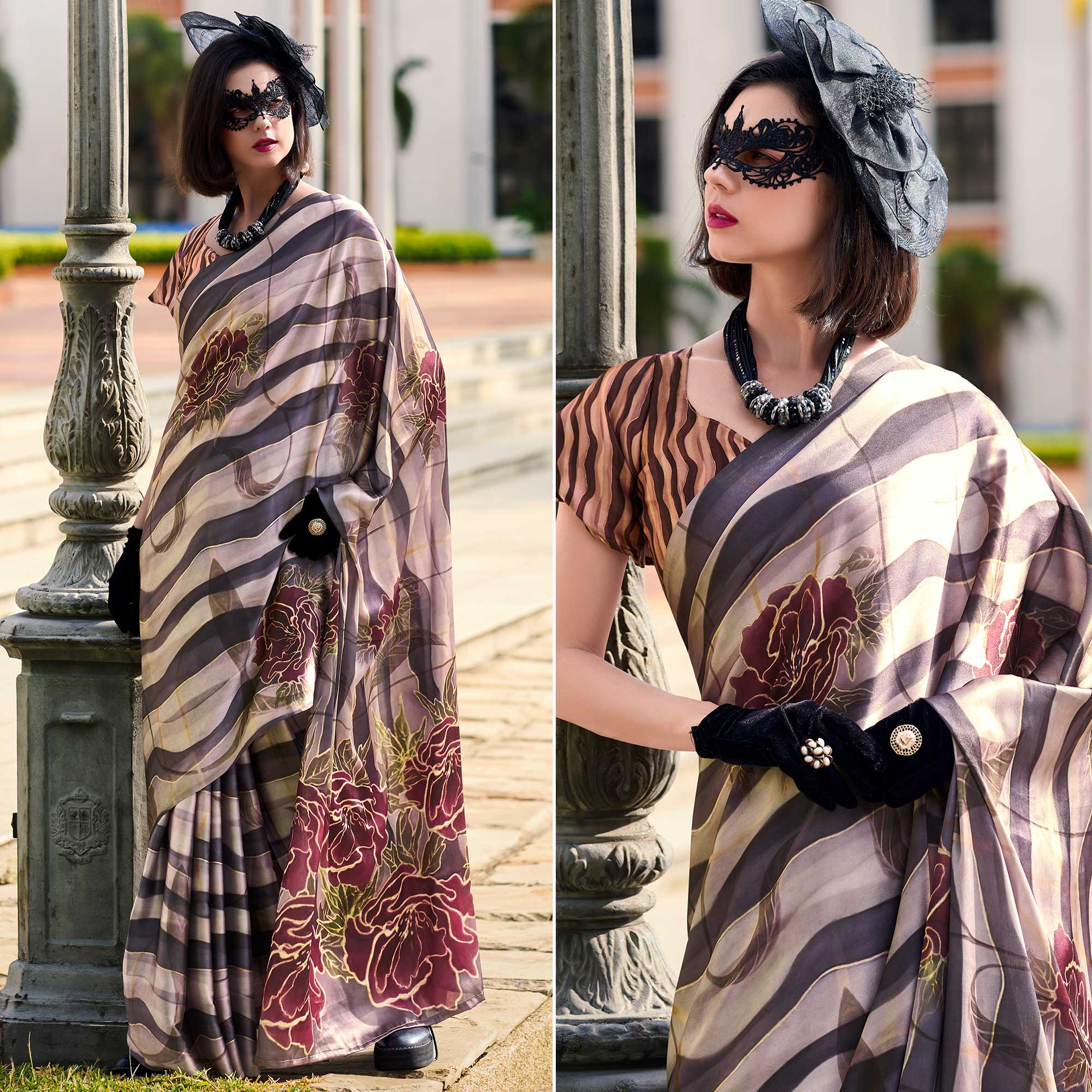 Peachmode Coffee Brown Floral Digital Printed Pure Satin Saree