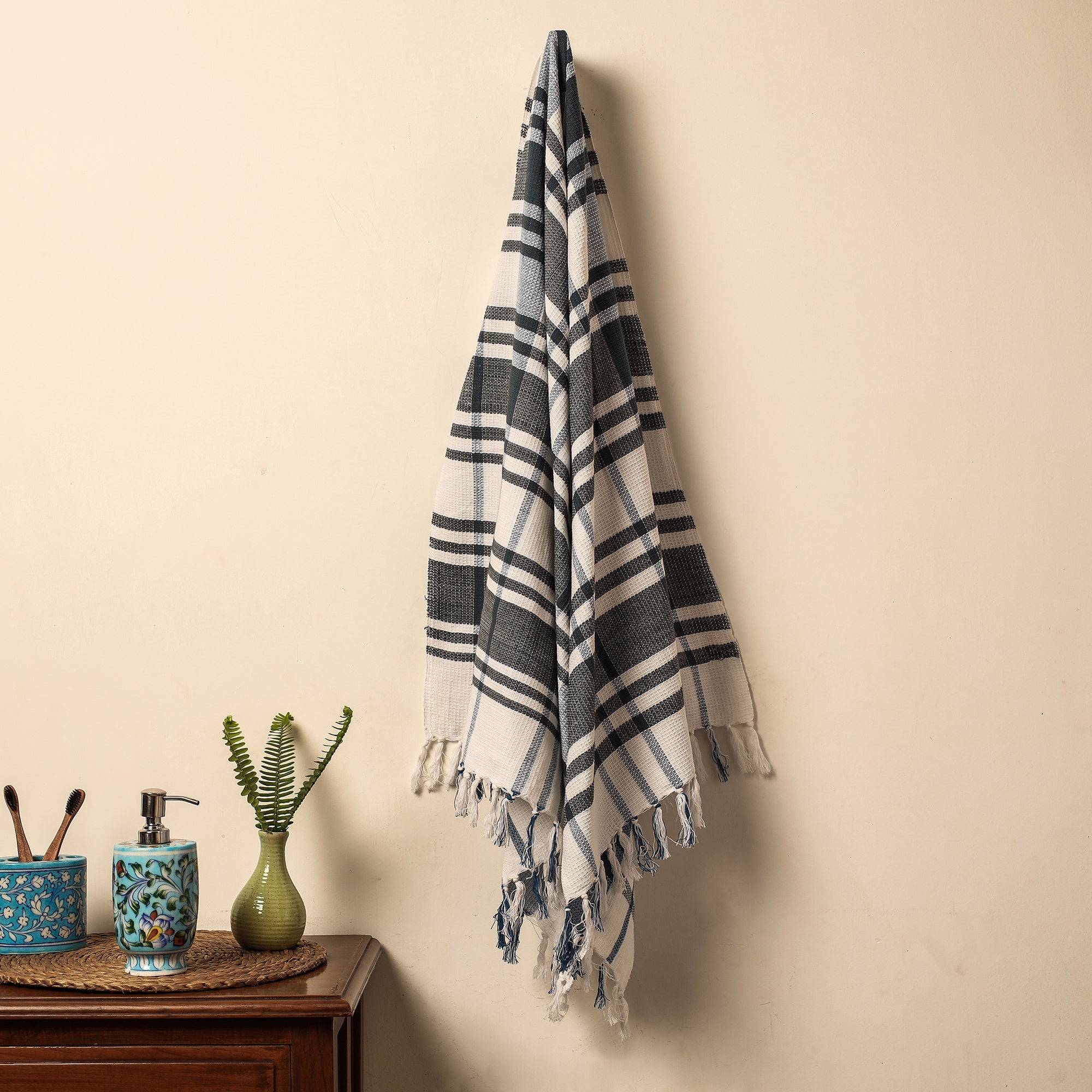 ITOKRI CRAFTS INITIATIVE Black - Honeycomb Handloom Cotton Bath Towel From Dehradun