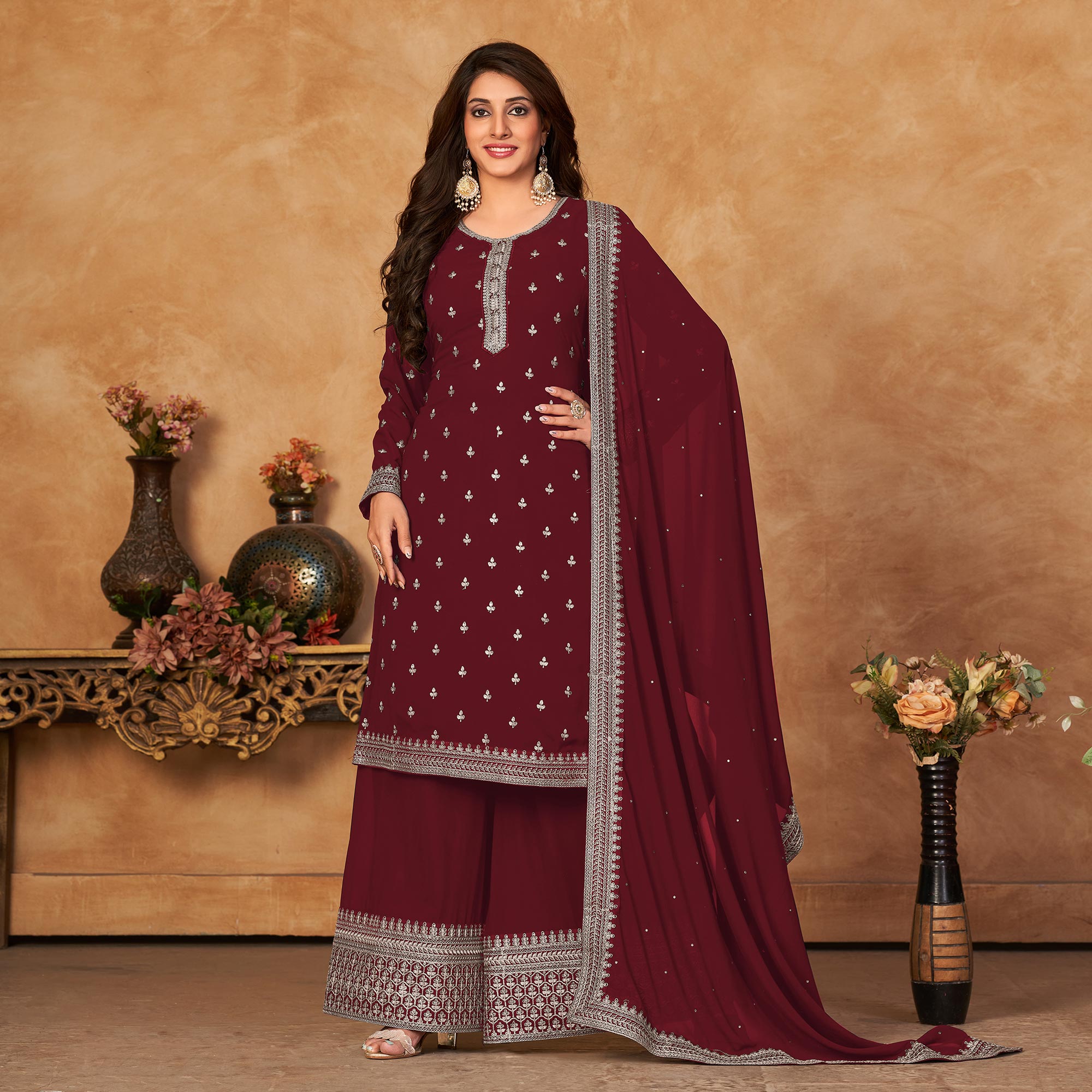 Peachmode Maroon Floral Embroidered Georgette Semi Stitched Suit - view 2