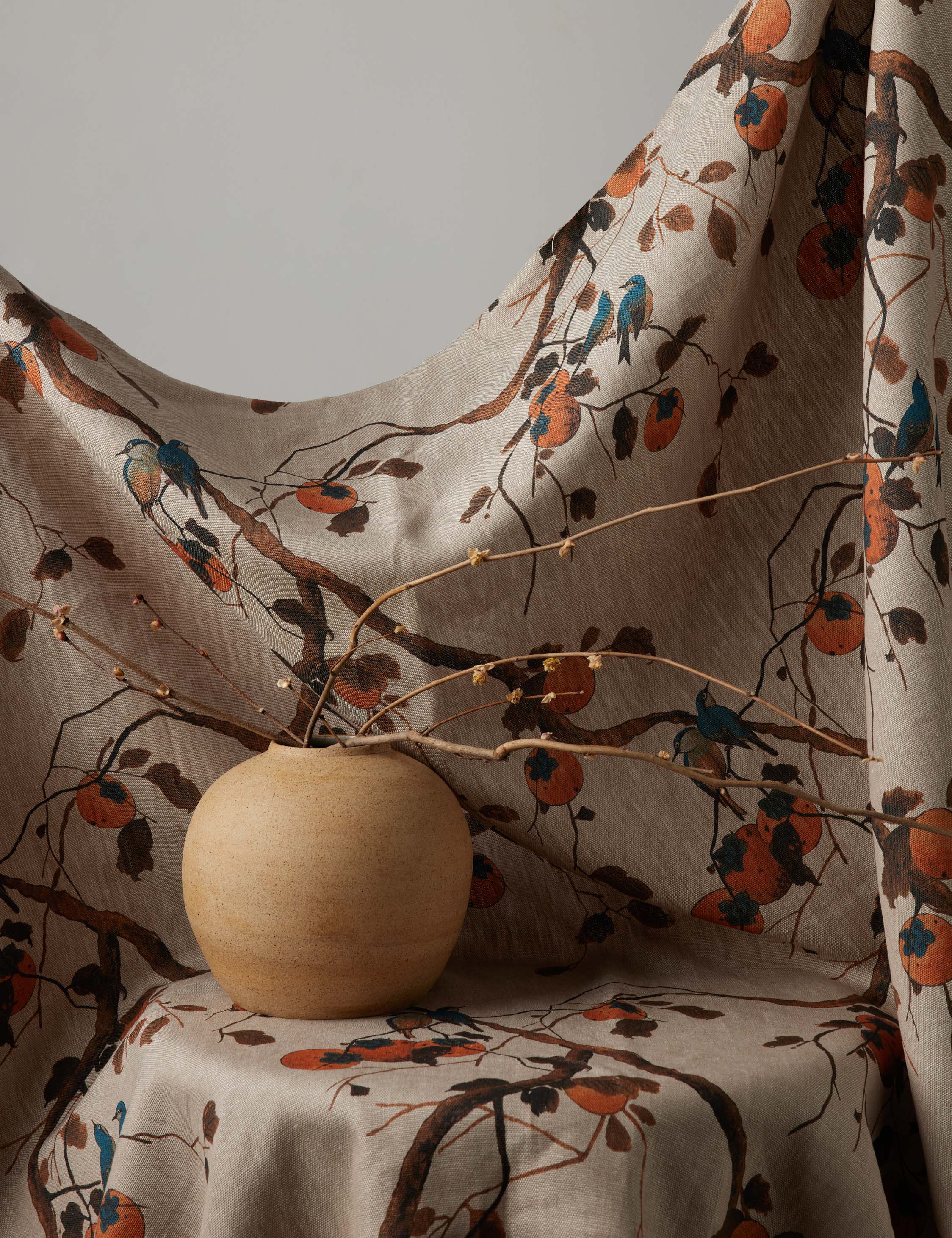 Lulu and Georgia Persimmon Birds Flax Linen Fabric by Nathan Turner