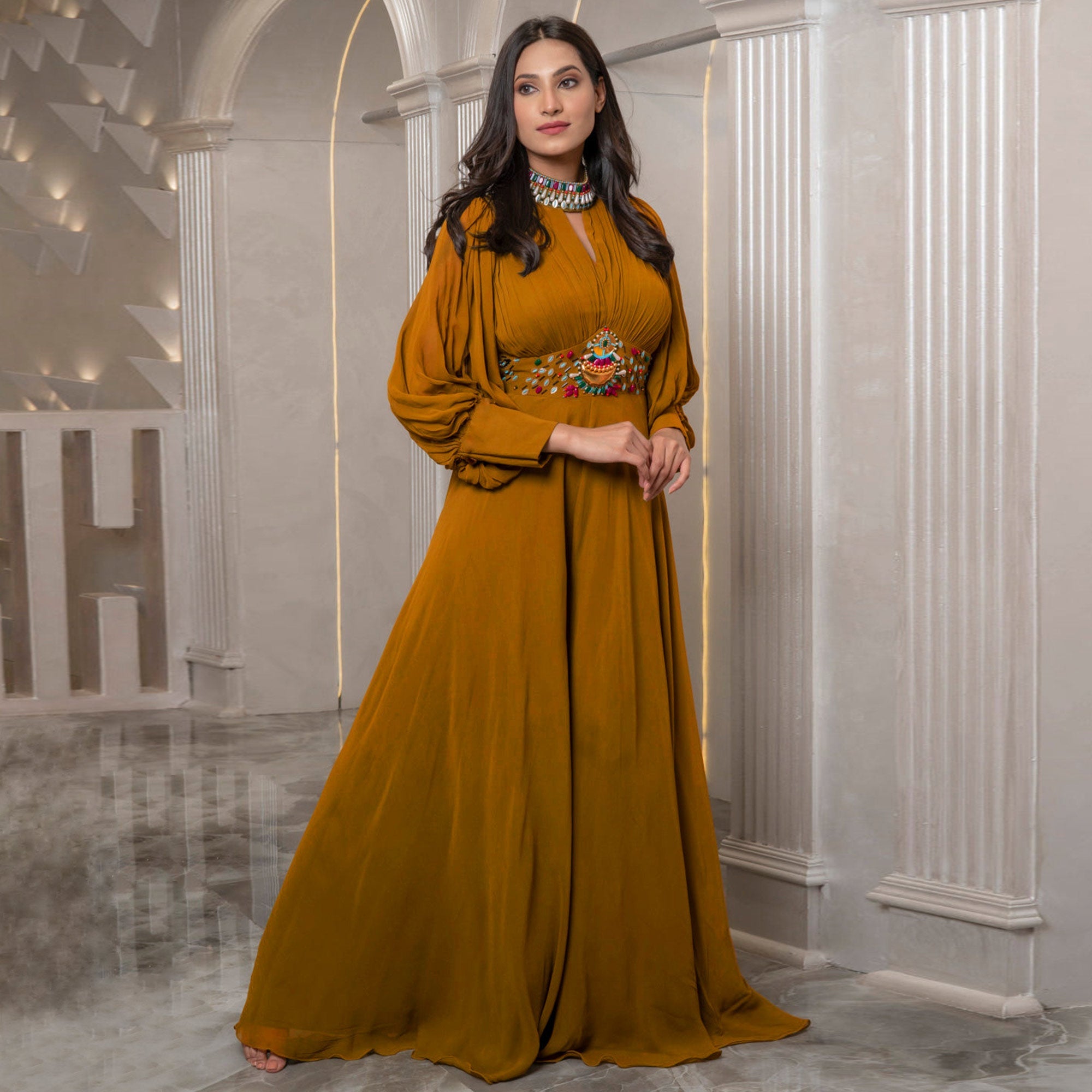 Peachmode Seller Brown Zardosi Work Georgette Jumpsuit - view 2