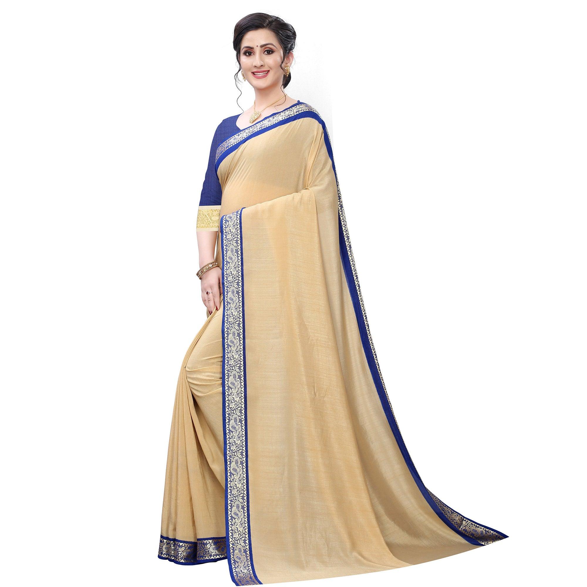 Peachmode Classy Beige Colored Festive Wear Woven Vichitra Silk Saree - view 2
