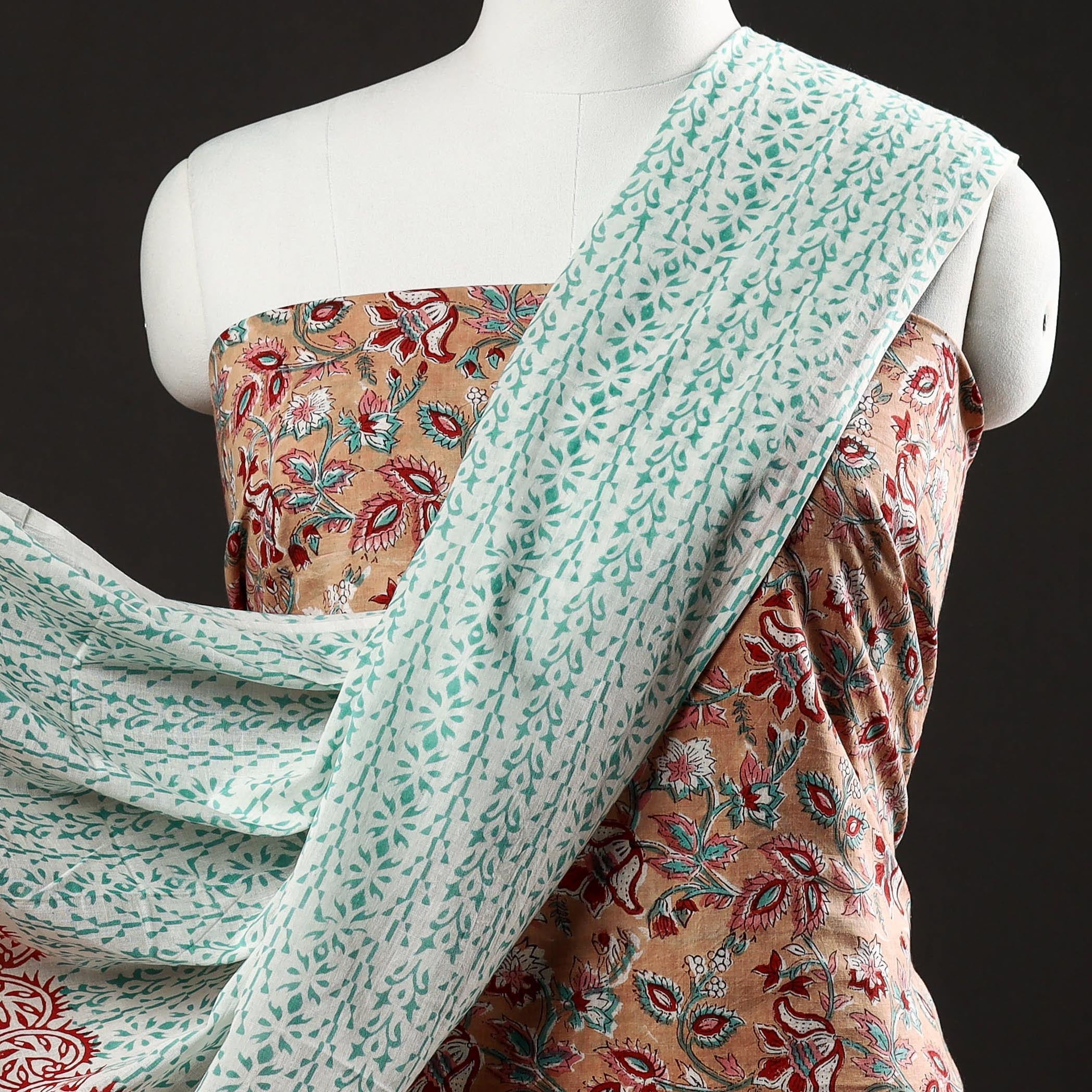 ARTISAN HAND BLOCK PRINTS Brown - 3pc Sanganeri Block Printed Cotton Suit Material Set - view 3
