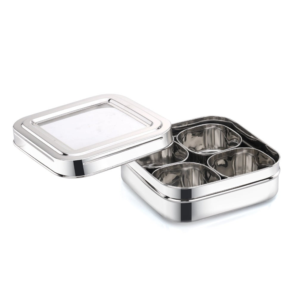 AVIAS Square Stainless Steel Spice Box with See-Through Glass Lid | 4 Compartments and 1 Spoon | Silver - view 2