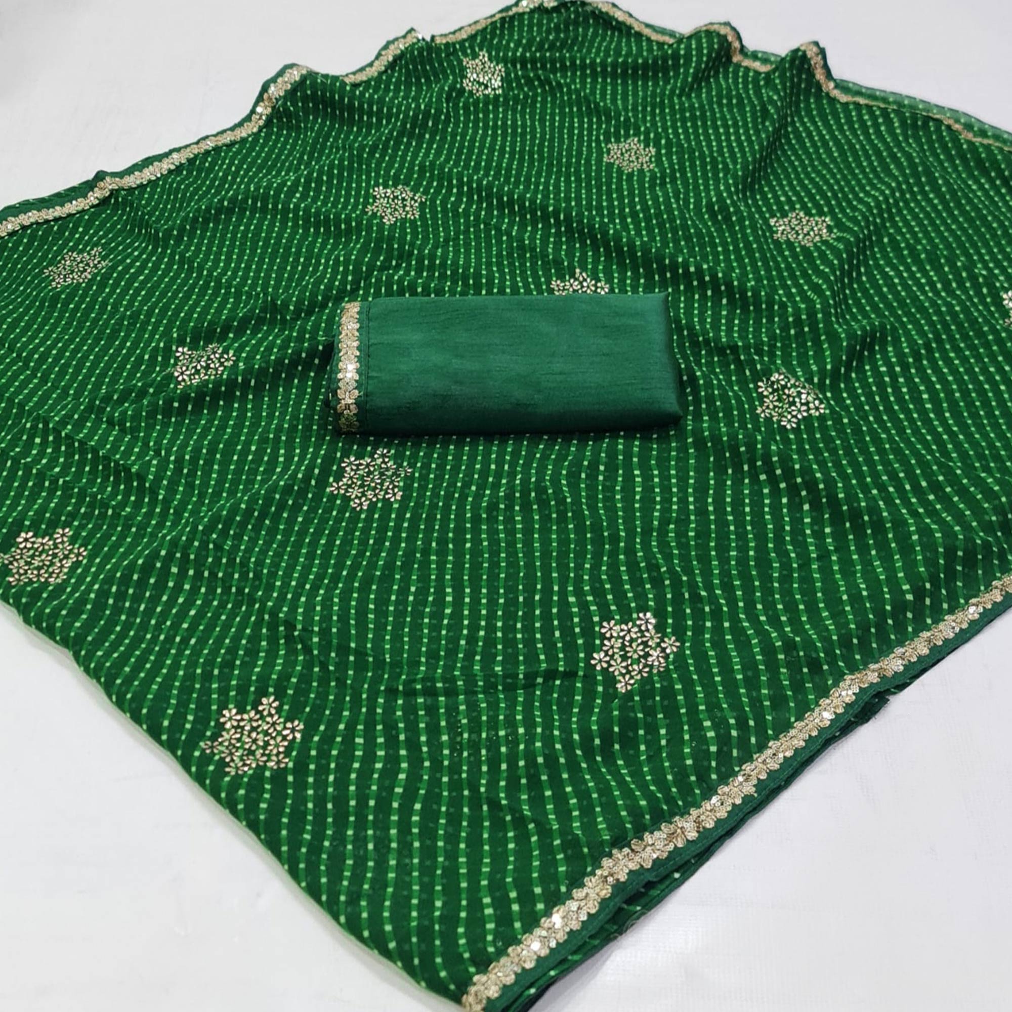 Peachmode Dark Green Printed Georgette Saree With lace Border