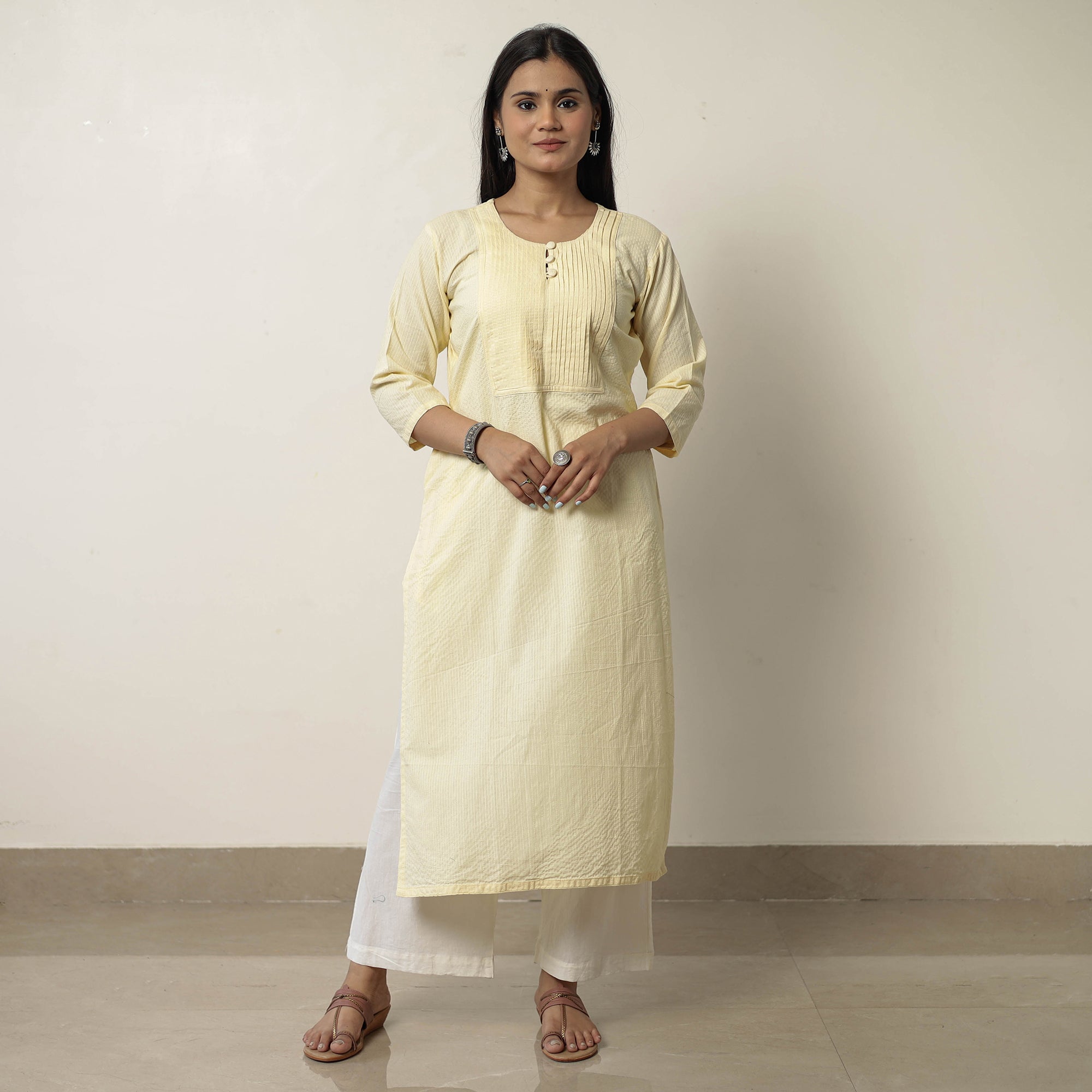 ITOKRI CASUALS Beige - Sand Plain Running Stitch Cotton Pintuck A-Line Long Kurta 33 - view 2