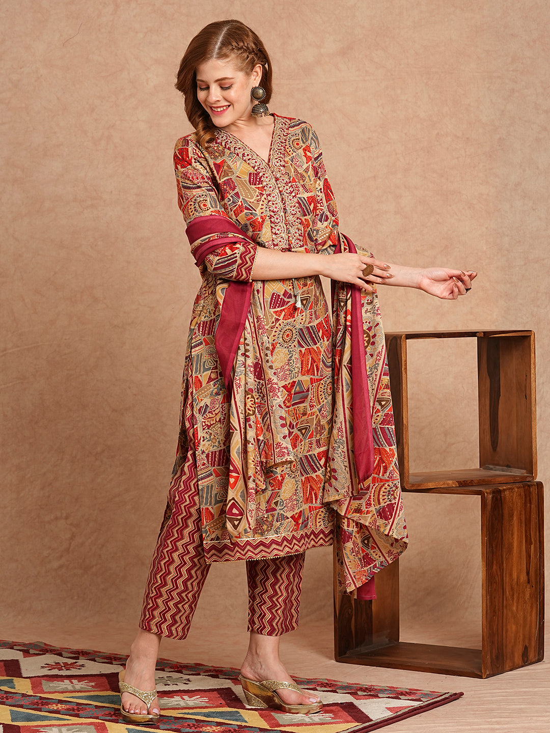 FASHOR Ethnic Foil Printed & Embroidered Straight Kurta with Pant & Dupatta - Maroon - view 5