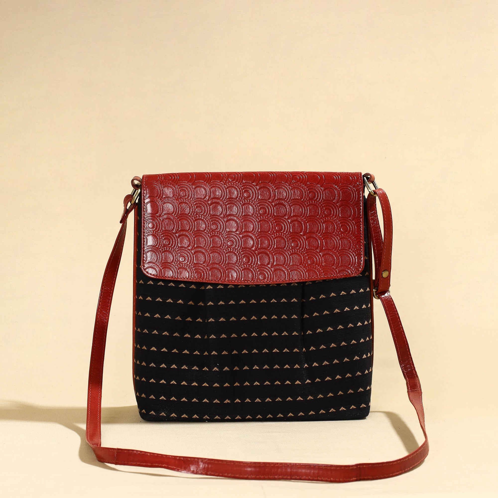 ASALKAAR Black - Handcrafted Jacquard Fabric Sling Bag with Embossed Leather Flap - view 2
