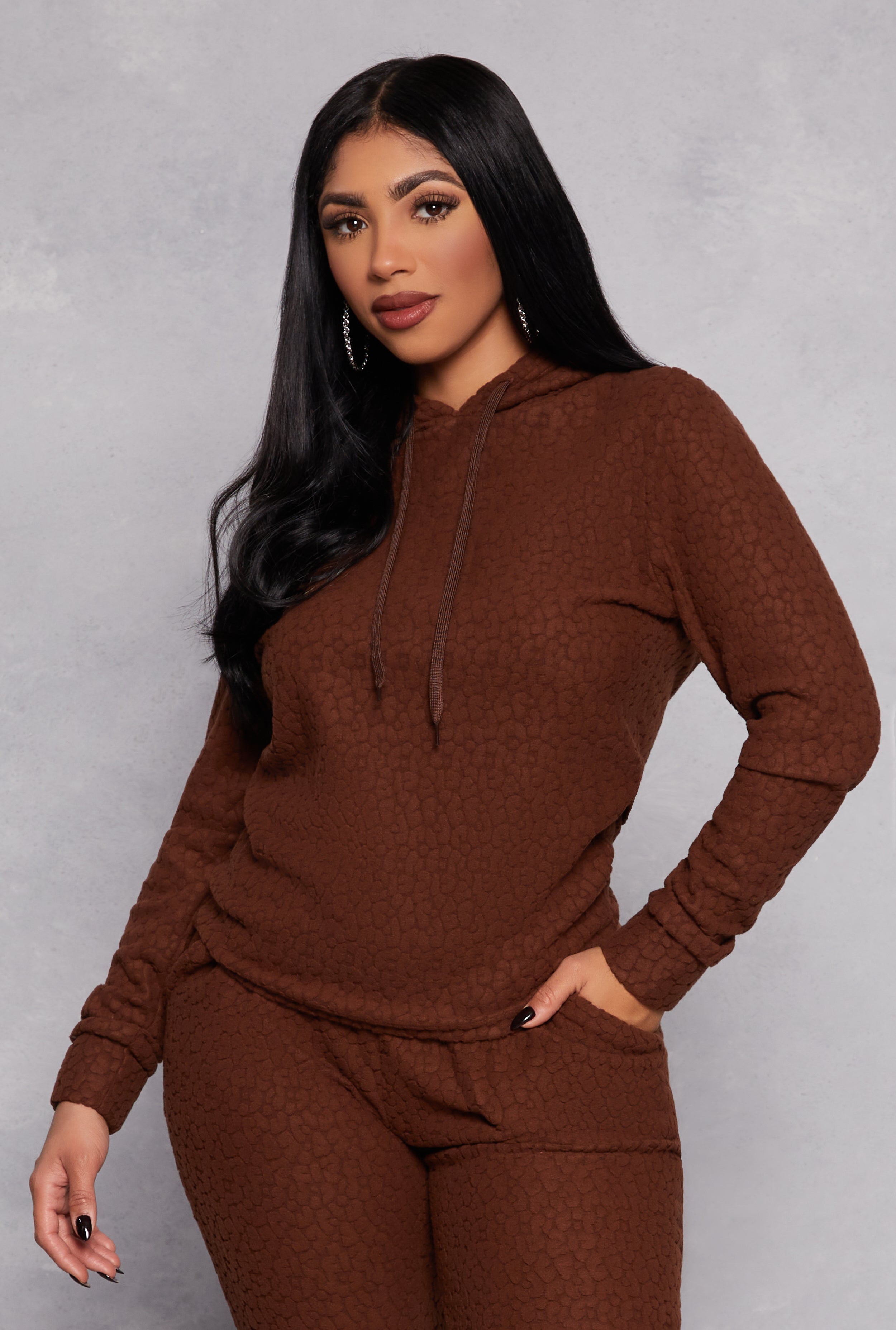 Rainbow Shops Leopard Textured Knit Hoodie – Women's