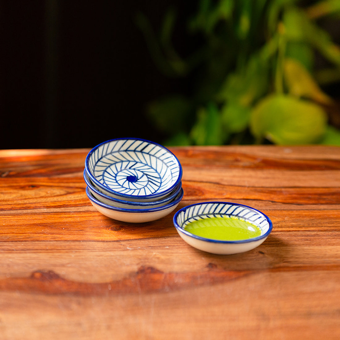 EXCLUSIVELANE Blue - 'Indigo Chevron' Handpainted Ceramic Chutney Bowls (Set of 4, 25 ML, Microwave Safe)