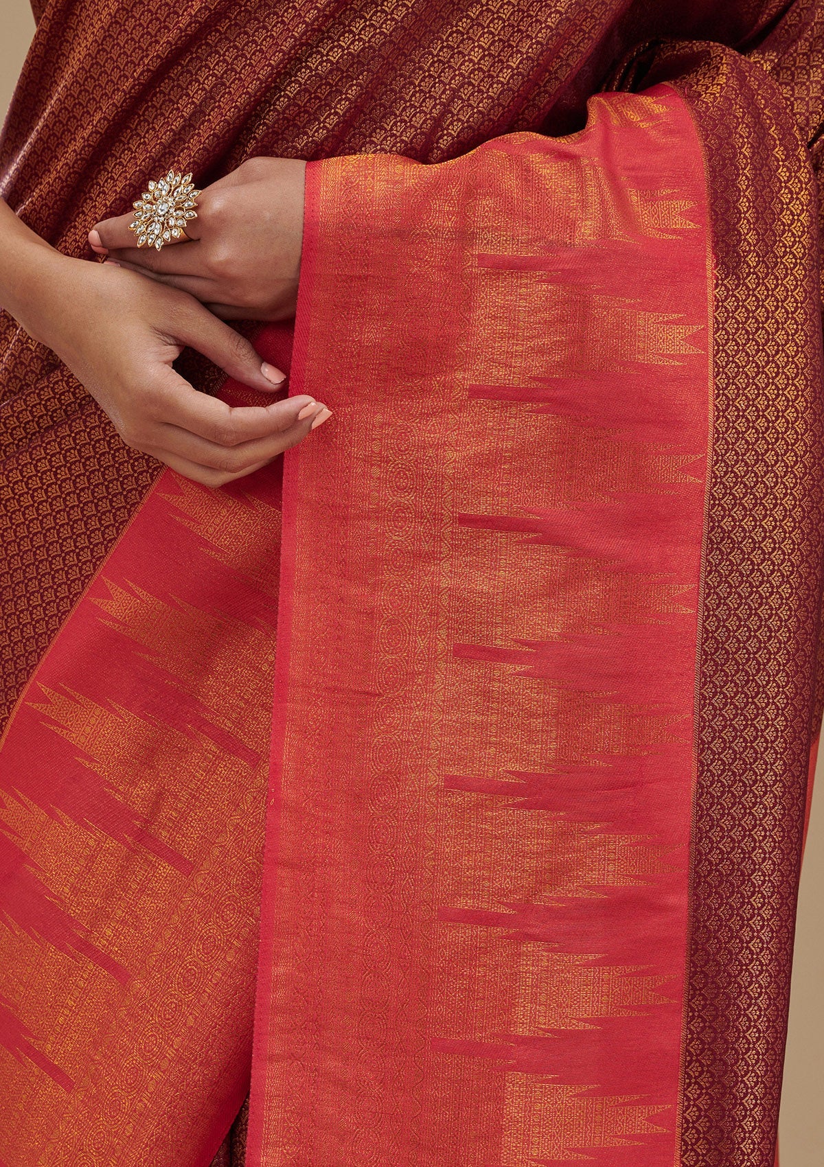 Koskii Wine Zariwork Art Silk Saree – Women's - view 7