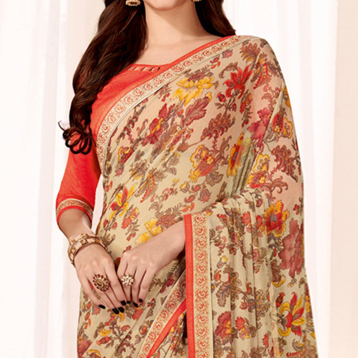 Peachmode Glorious Beige Colored Casual Wear Printed Georgette Saree - view 2