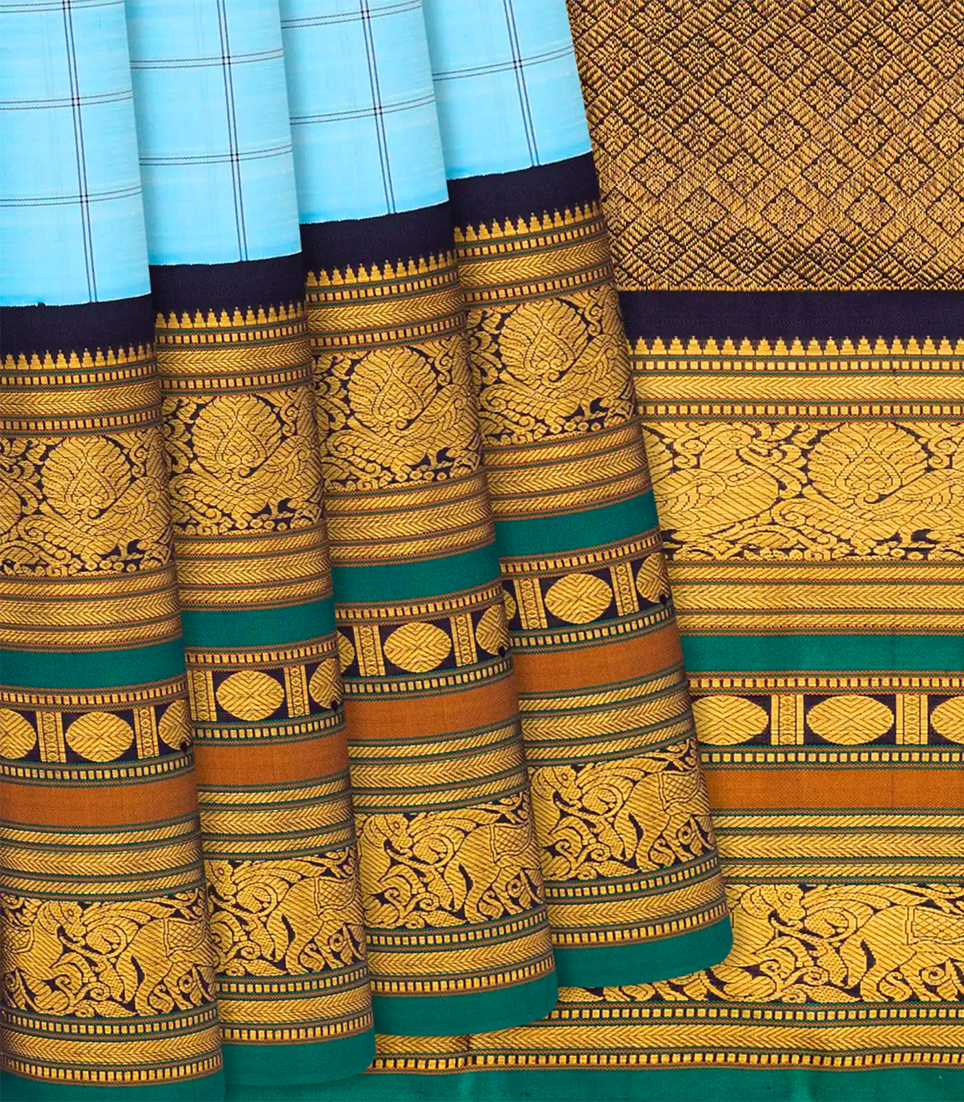 RmKV Turquoise Handloom Kanchipuram Korvai Silk Saree With Checks-Turquoise