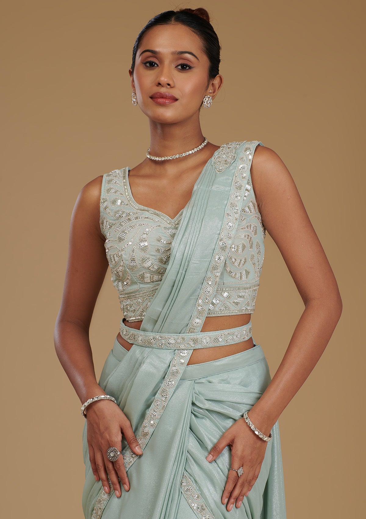 Koskii Sea Green Sequins Chiffon Readymade Saree - view 2