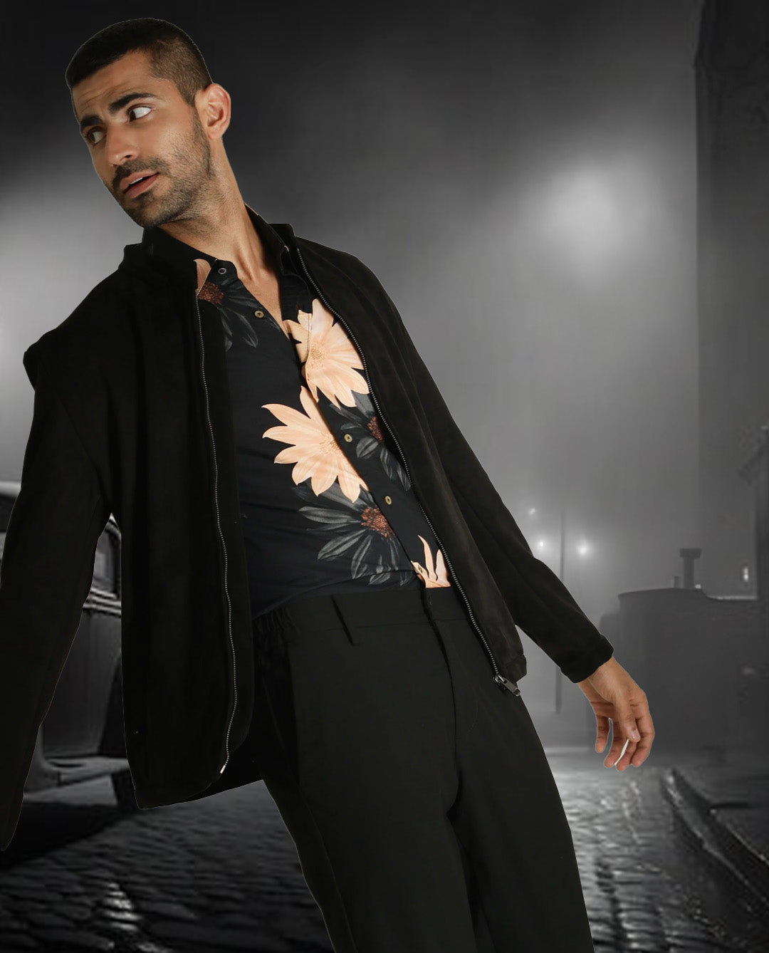 Rare Rabbit Men's Sink Black Plain Band Collar Suede Smart Jacket