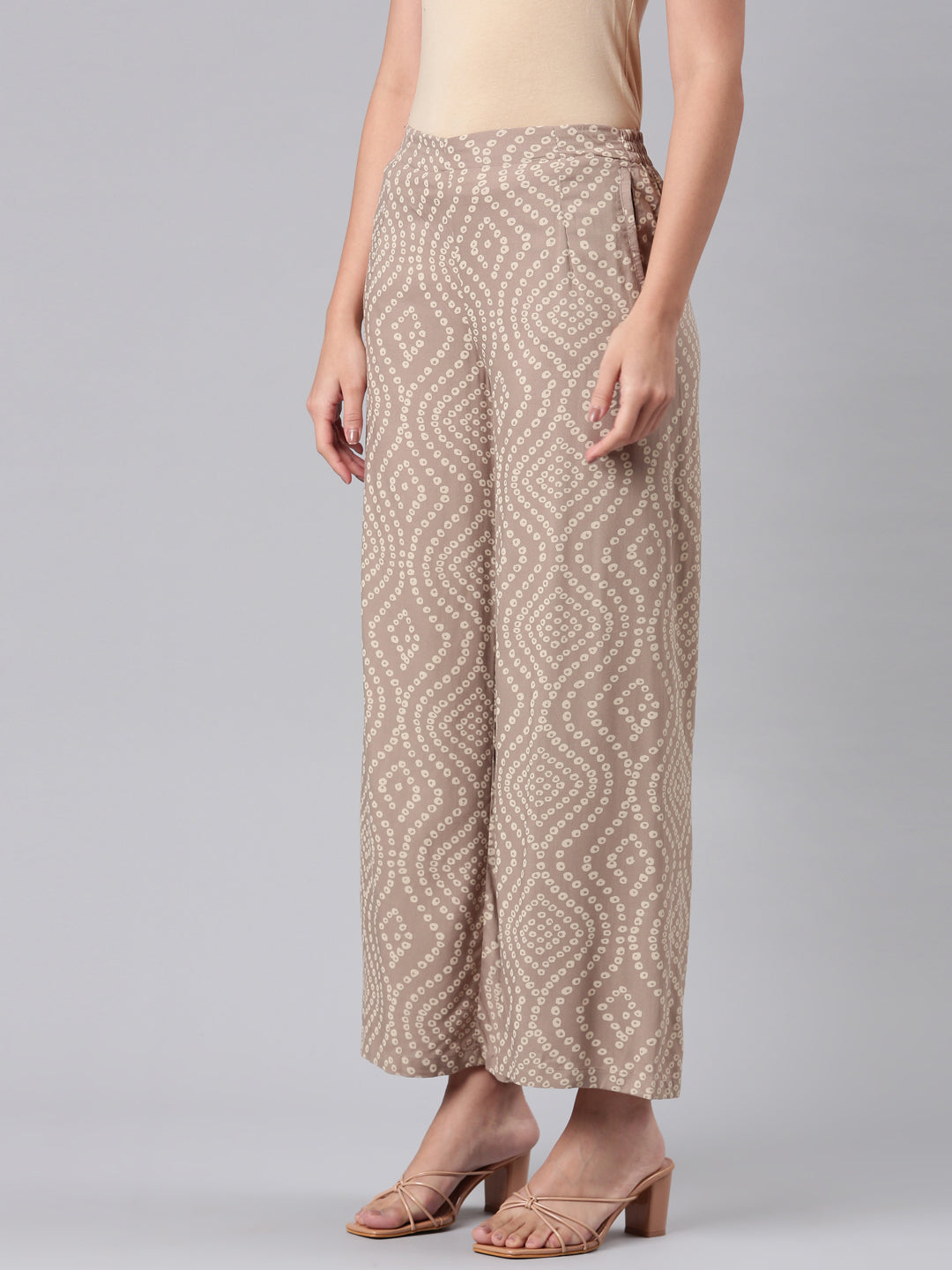 Go Colors Women Beige Woven Viscose Mid Rise Printed Palazzo