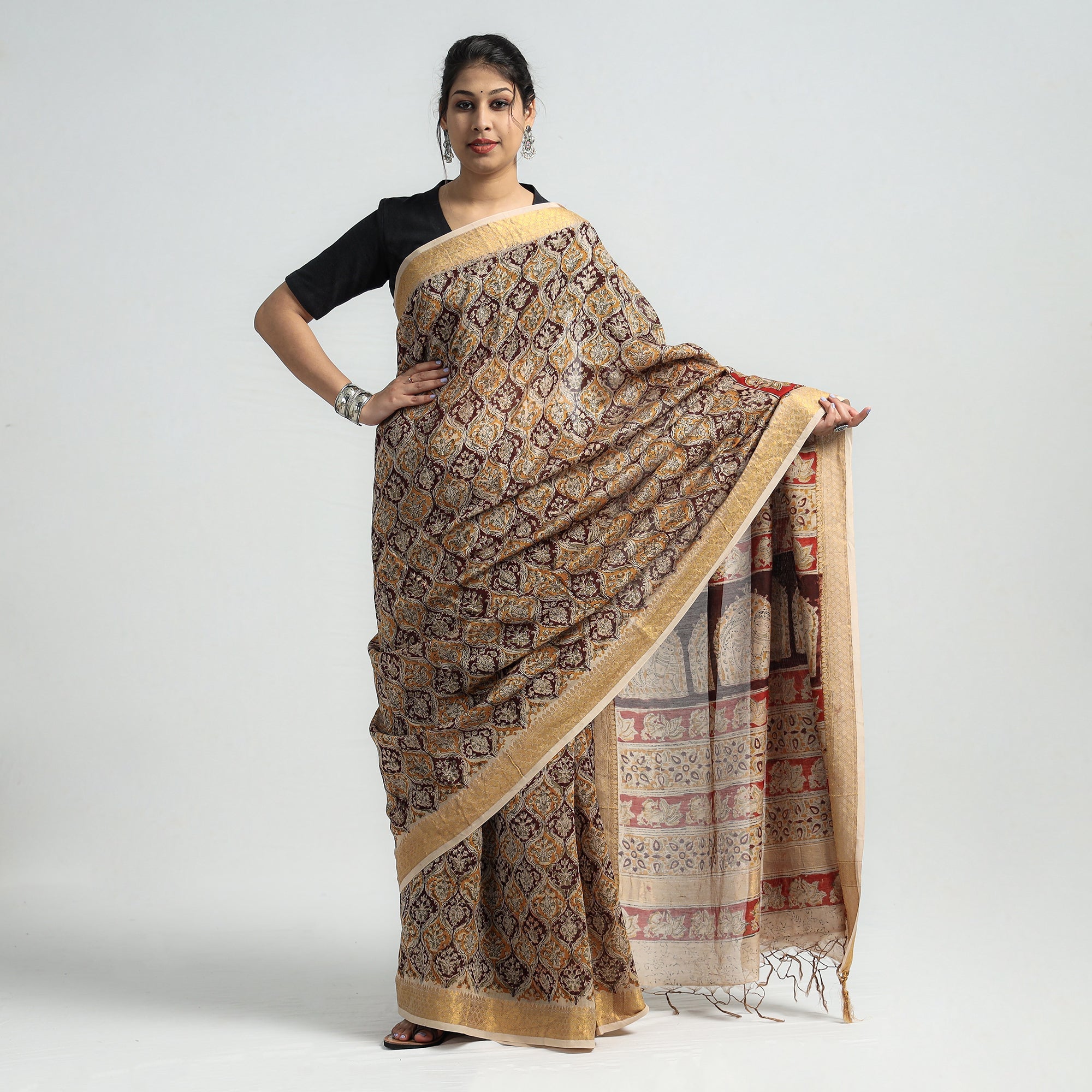VENKATA BHANU KALAMKARI PEDANA Brown - Original Pedana Kalamkari Block Print Silk Saree - view 2