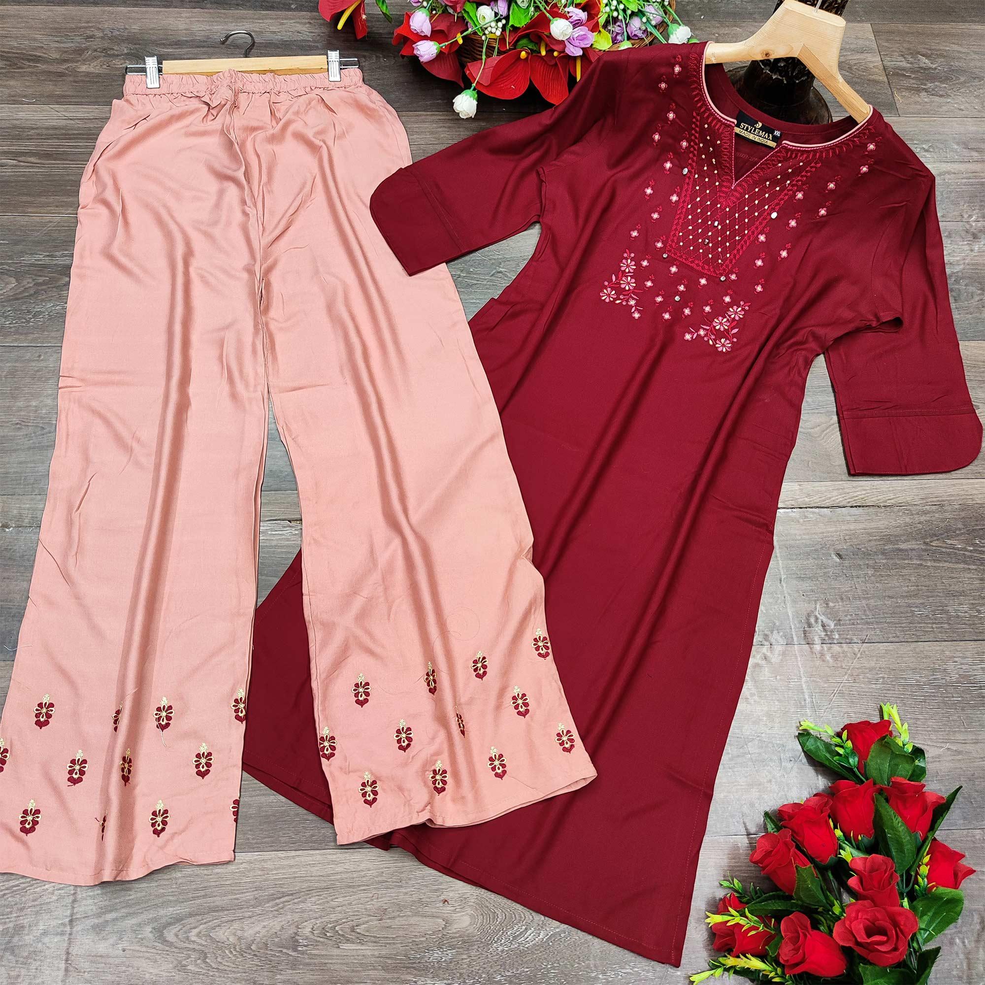 Peachmode Seller Maroon Casual Wear Embroidered Heavy Rayon Kurti - Palazzo Set - view 2