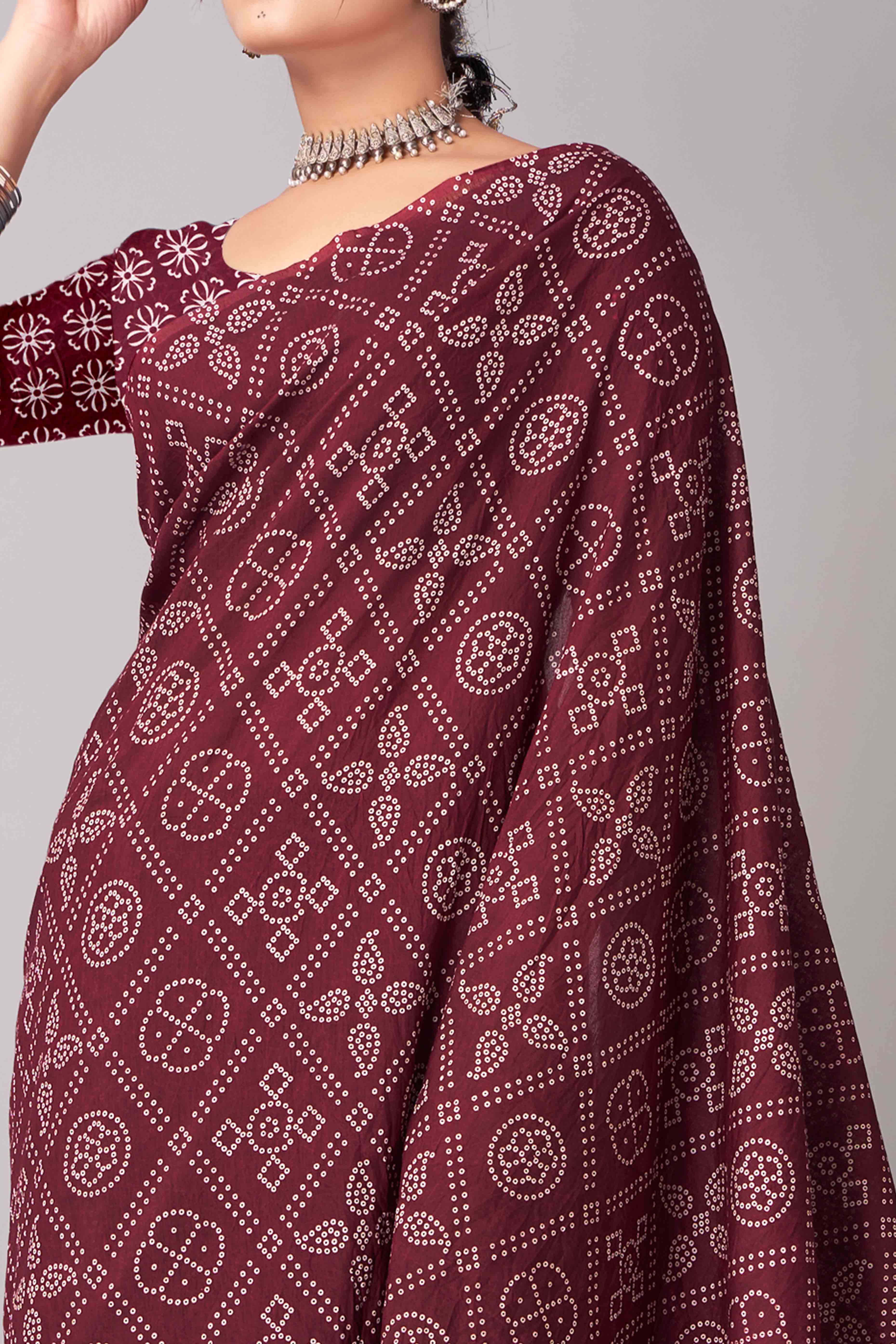 Peachmode Dark Maroon Ajrakh Printed Cotton Blend Saree - view 2