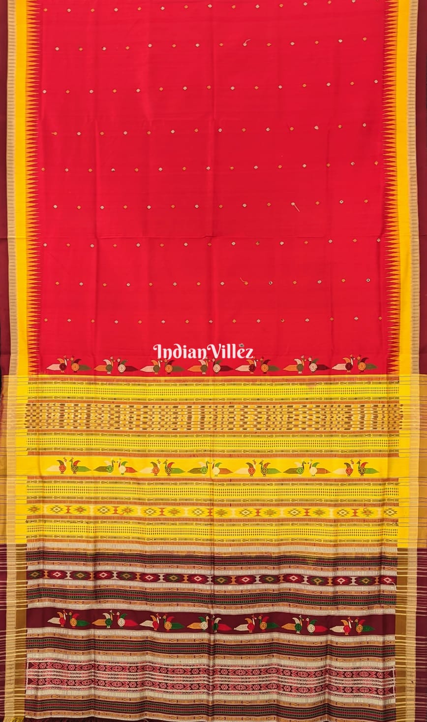 IndianVillèz Red Ganjam Bomkai Sambalpuri Ikat Silk Saree