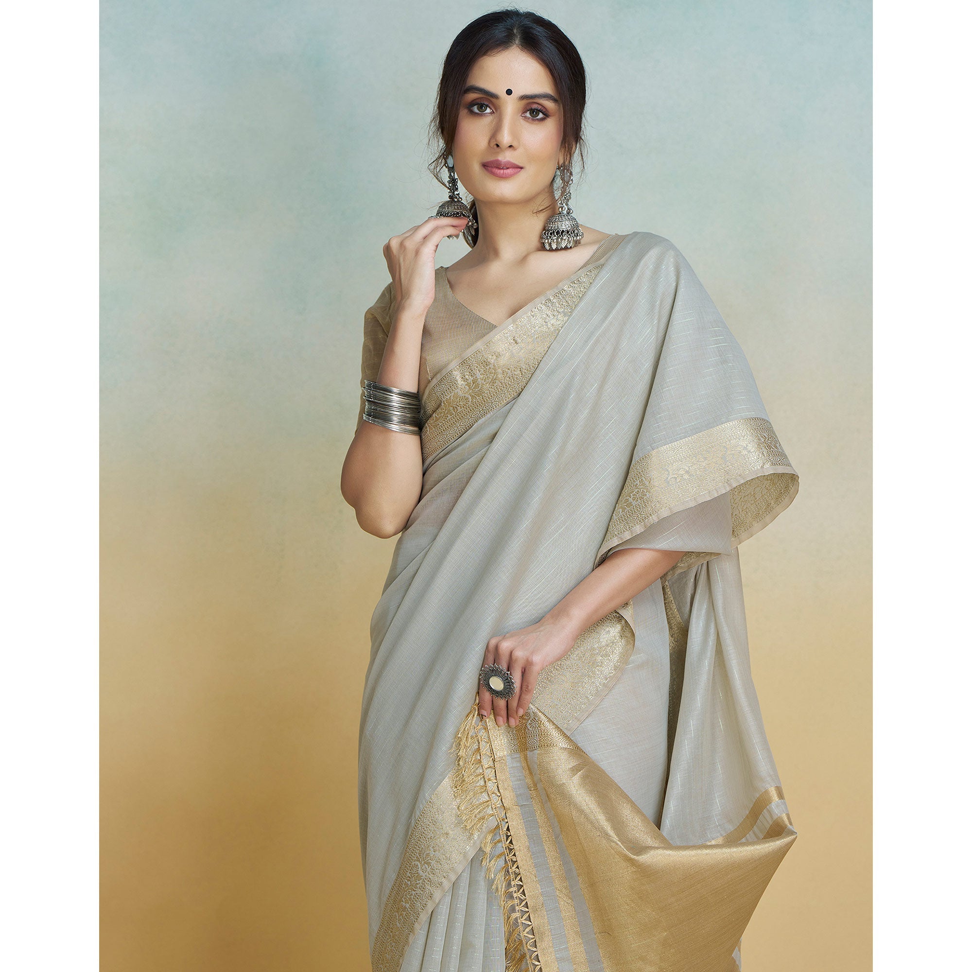 Peachmode Light Grey Woven Cotton Silk Saree With Tassels - view 5