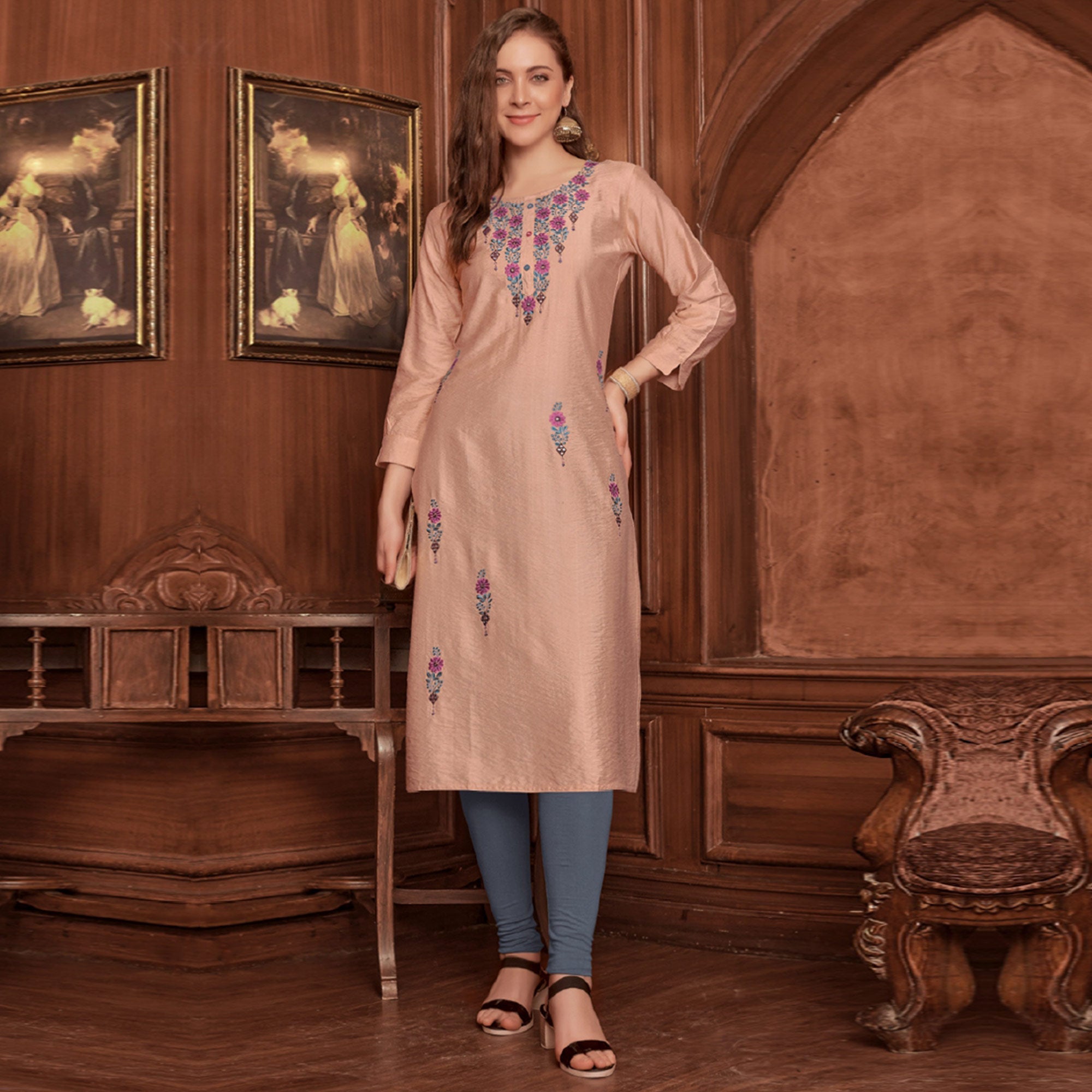 Peachmode Light Brown Floral Embroidered Rayon Kurti - view 2