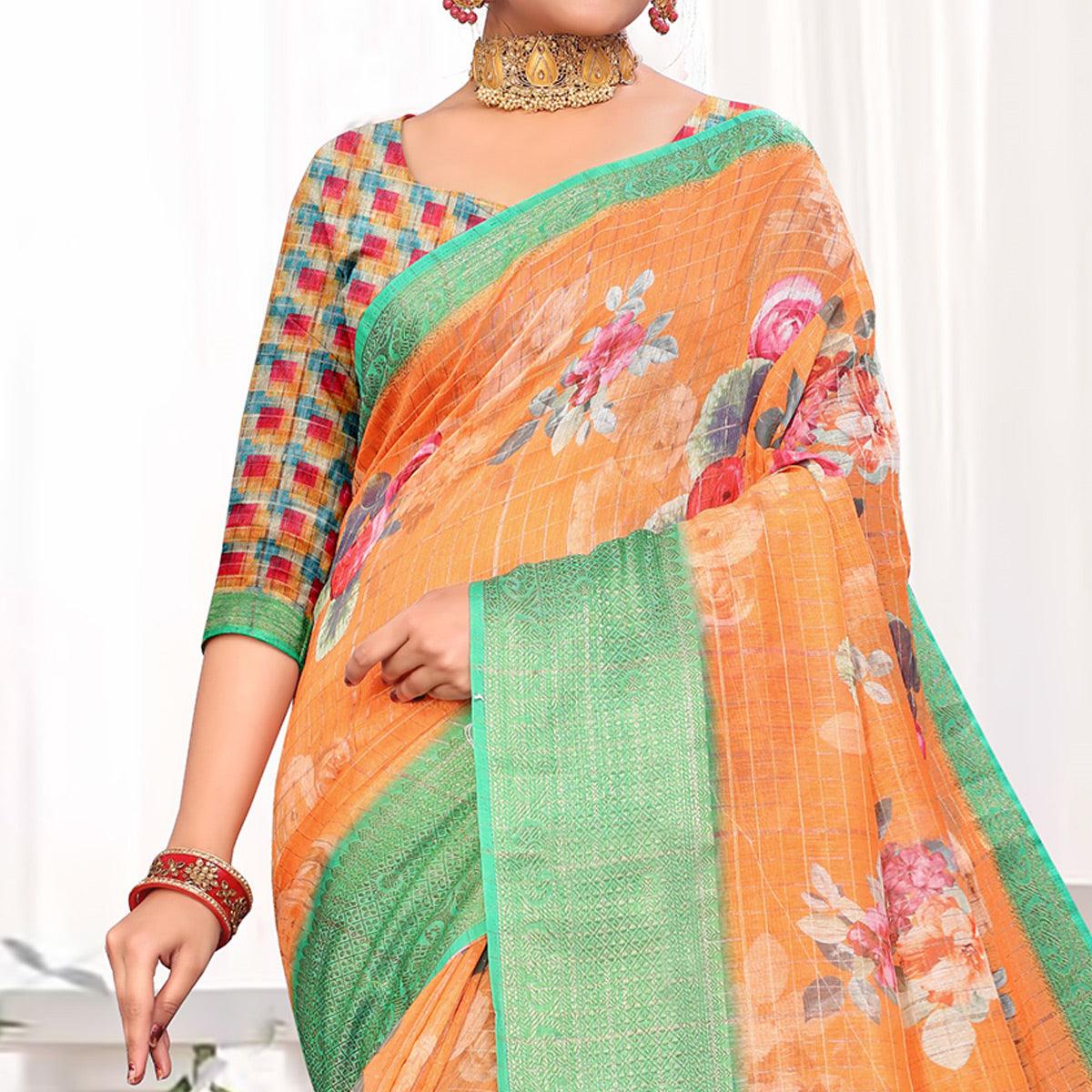 Peachmode Ideal Orange Colored Festive Wear Digital Printed Linen Saree - view 2