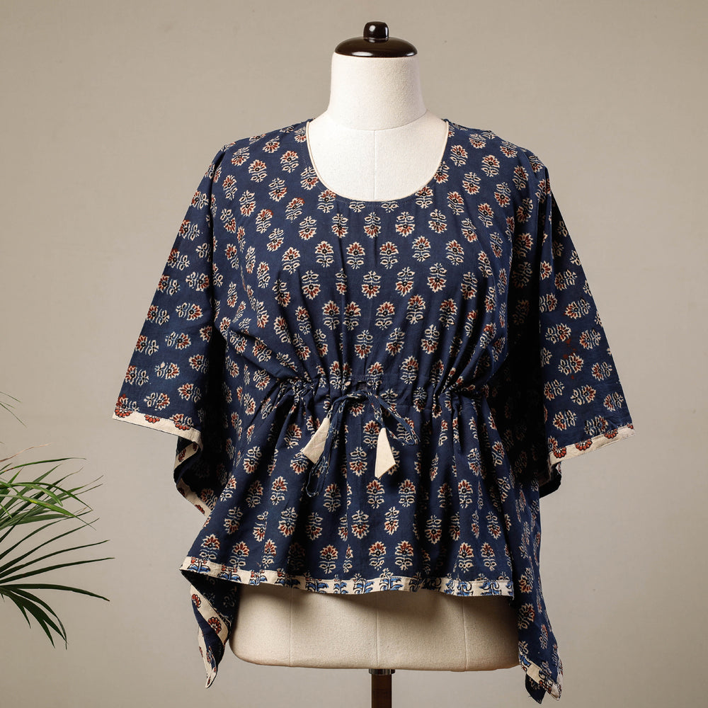 KACHCHH JI CHHAAP Blue - Ajrakh Hand Block Printed Cotton Kaftan with Tie-Up Waist (Short)