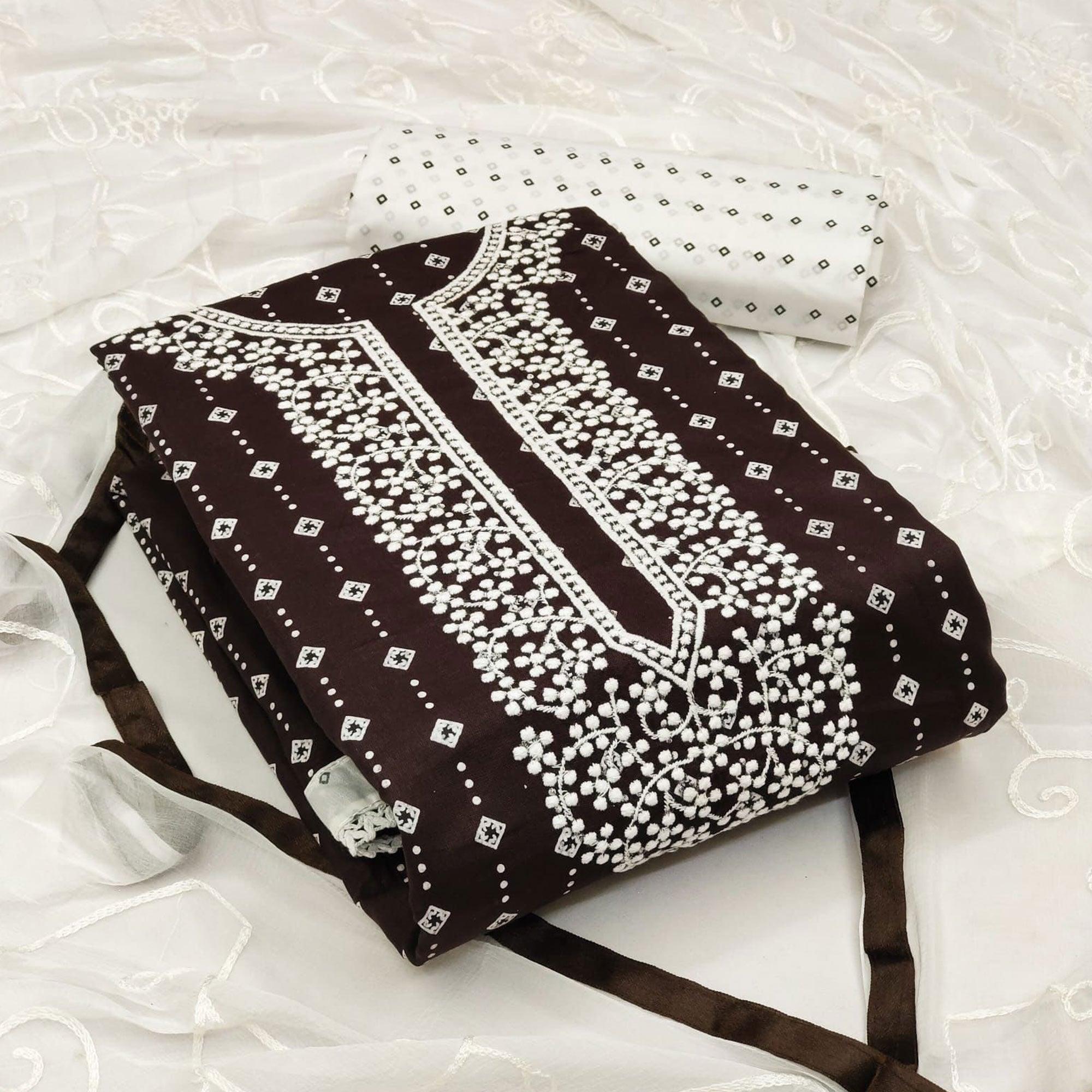 Peachmode Brown Embroidered With Printed Rayon Dress Material