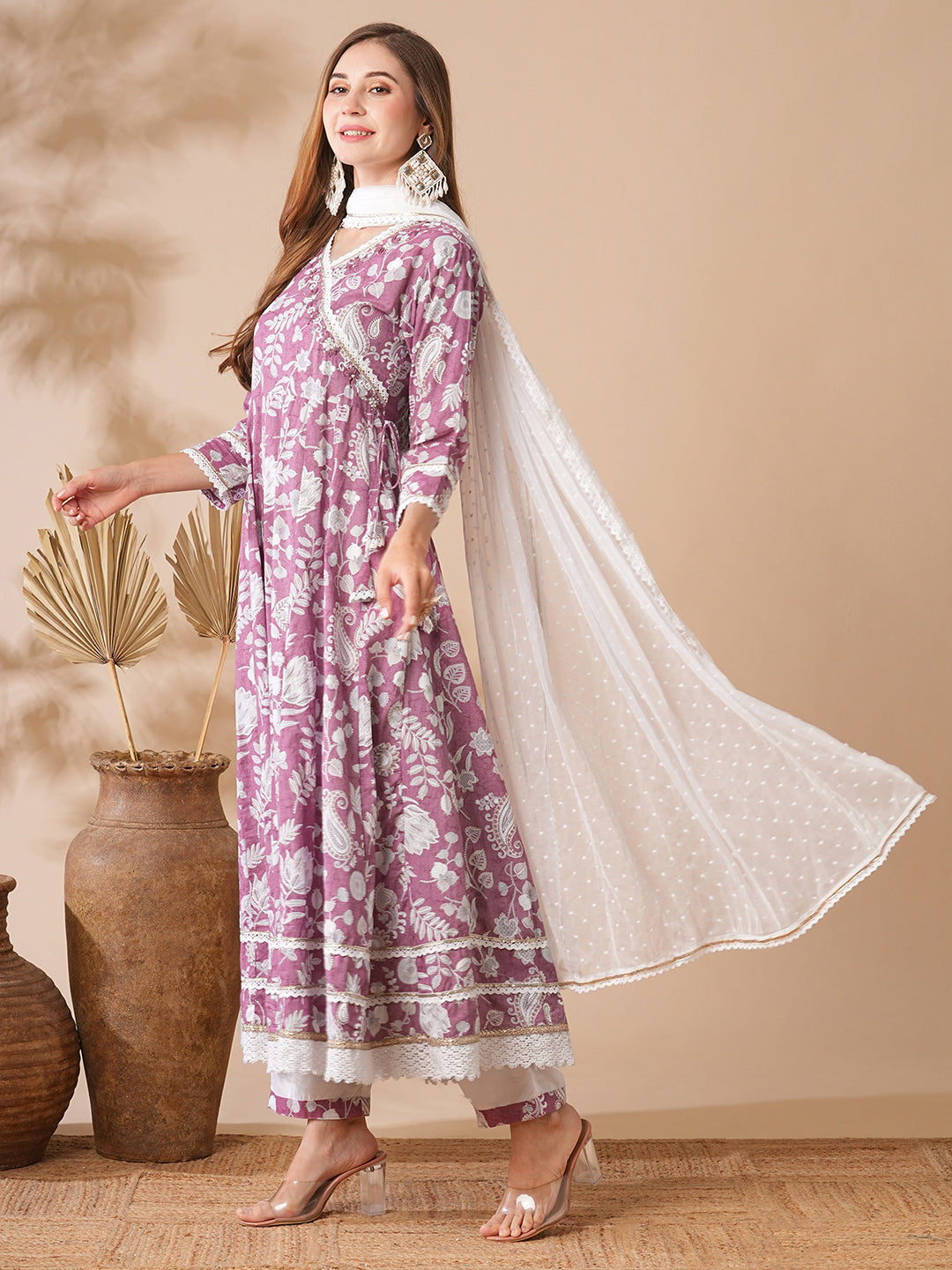 Fashor Floral Printed Stones & Pearl Embroidered Anarkali Kurta with Pants & Dupatta - Mauve - view 5