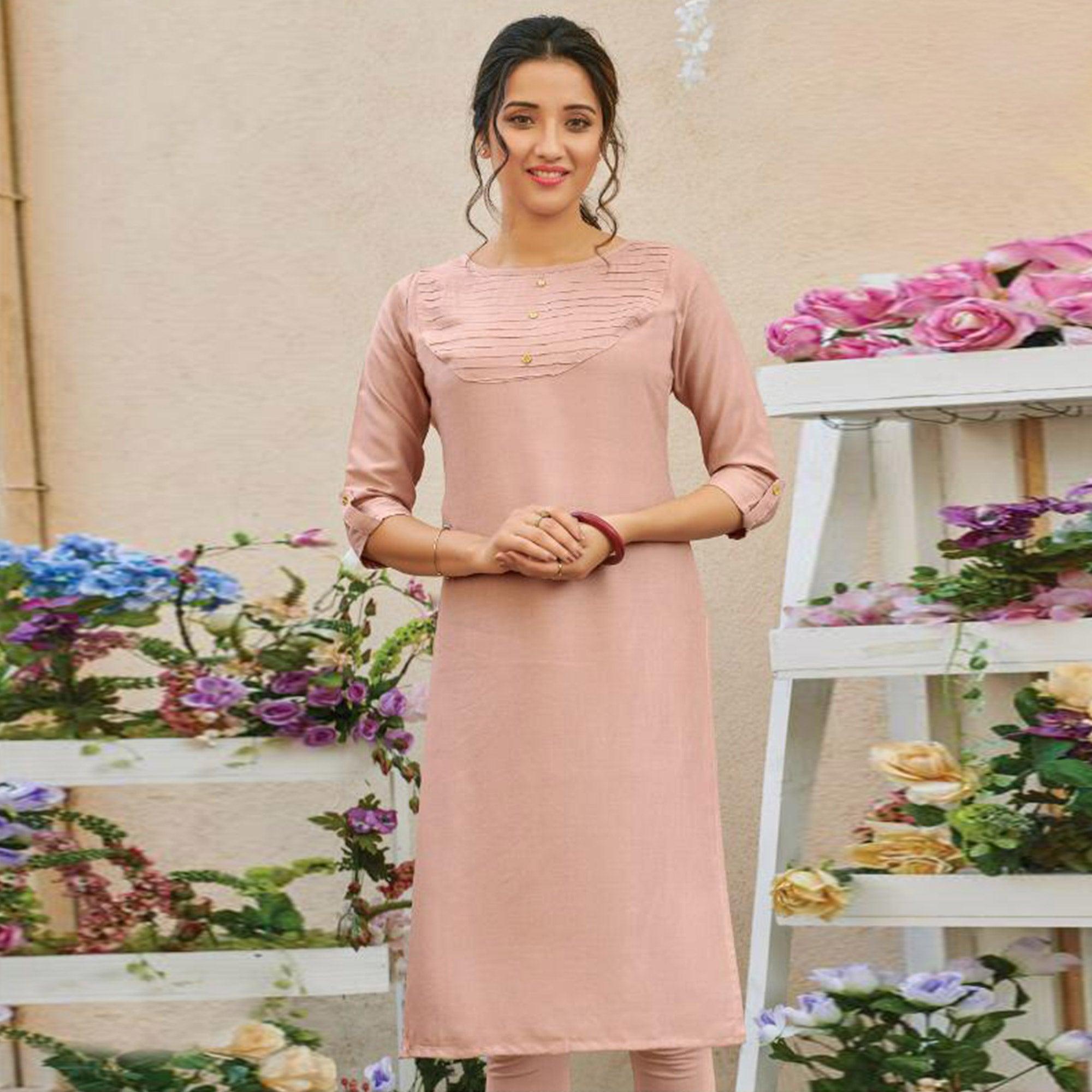Peachmode Seller Flirty Light Pink Colored Casual Wear Solid Pure Rayon Kurti
