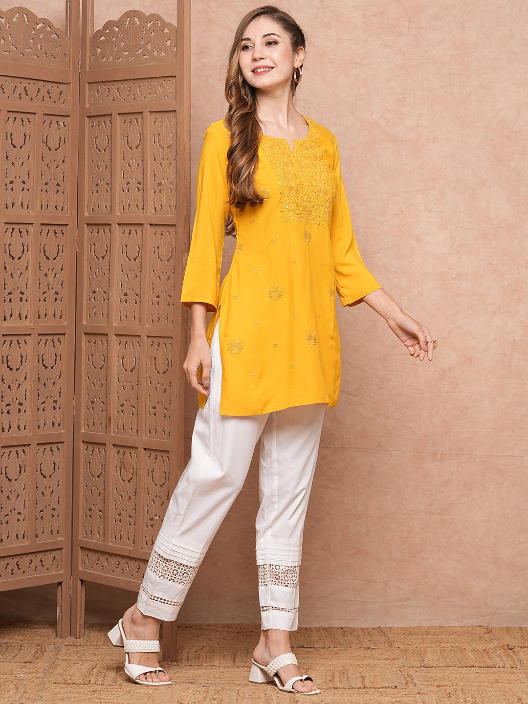Fashor Solid Chikankari Embroidered Straight Fit Kurti - Yellow