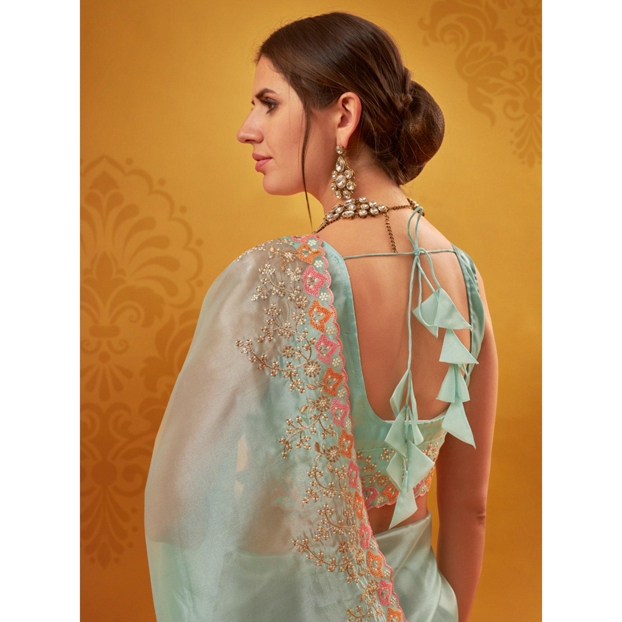 Peachmode Light Blue Embroidered Organza Saree - view 5