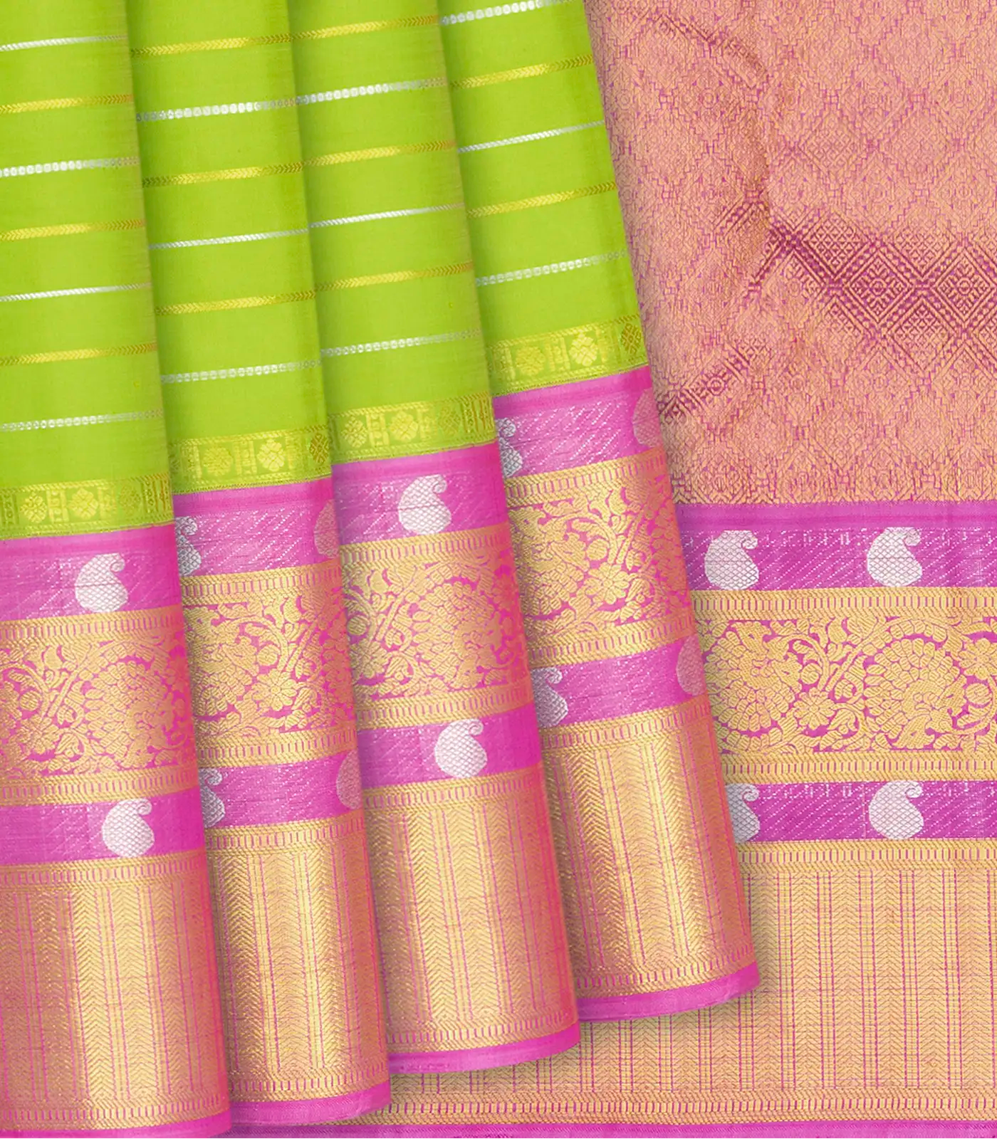 RmKV Green Handloom Kanchipuram Silk Saree With Zari Stripes -Green