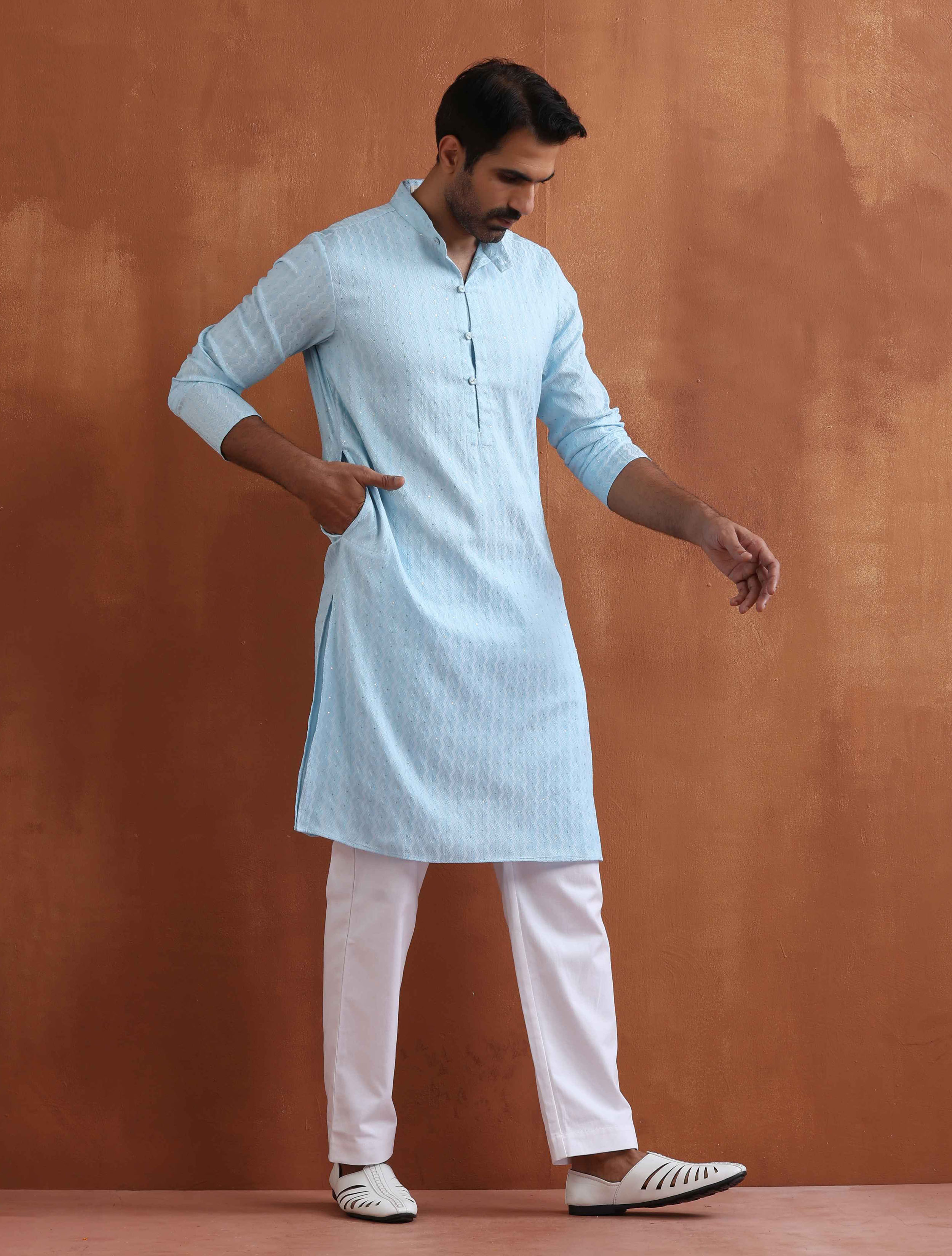 trueBrowns Men's Blue Sequin Chanderi Kurta - view 3