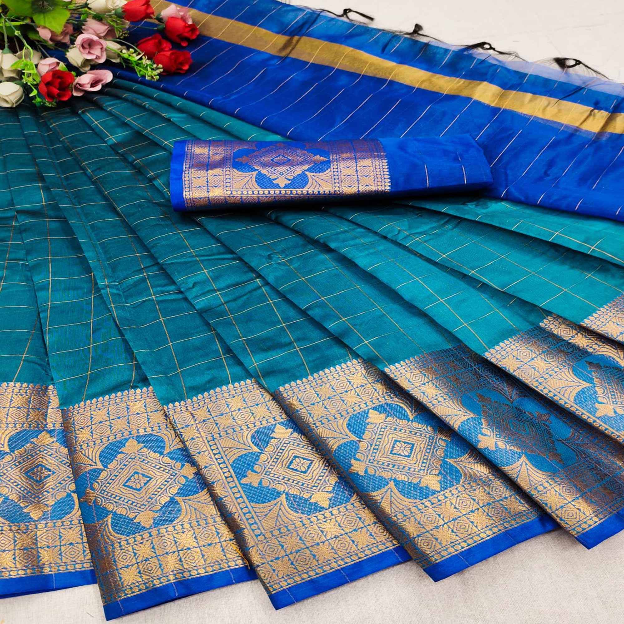 Peachmode Blue Woven Organza Saree – Women's