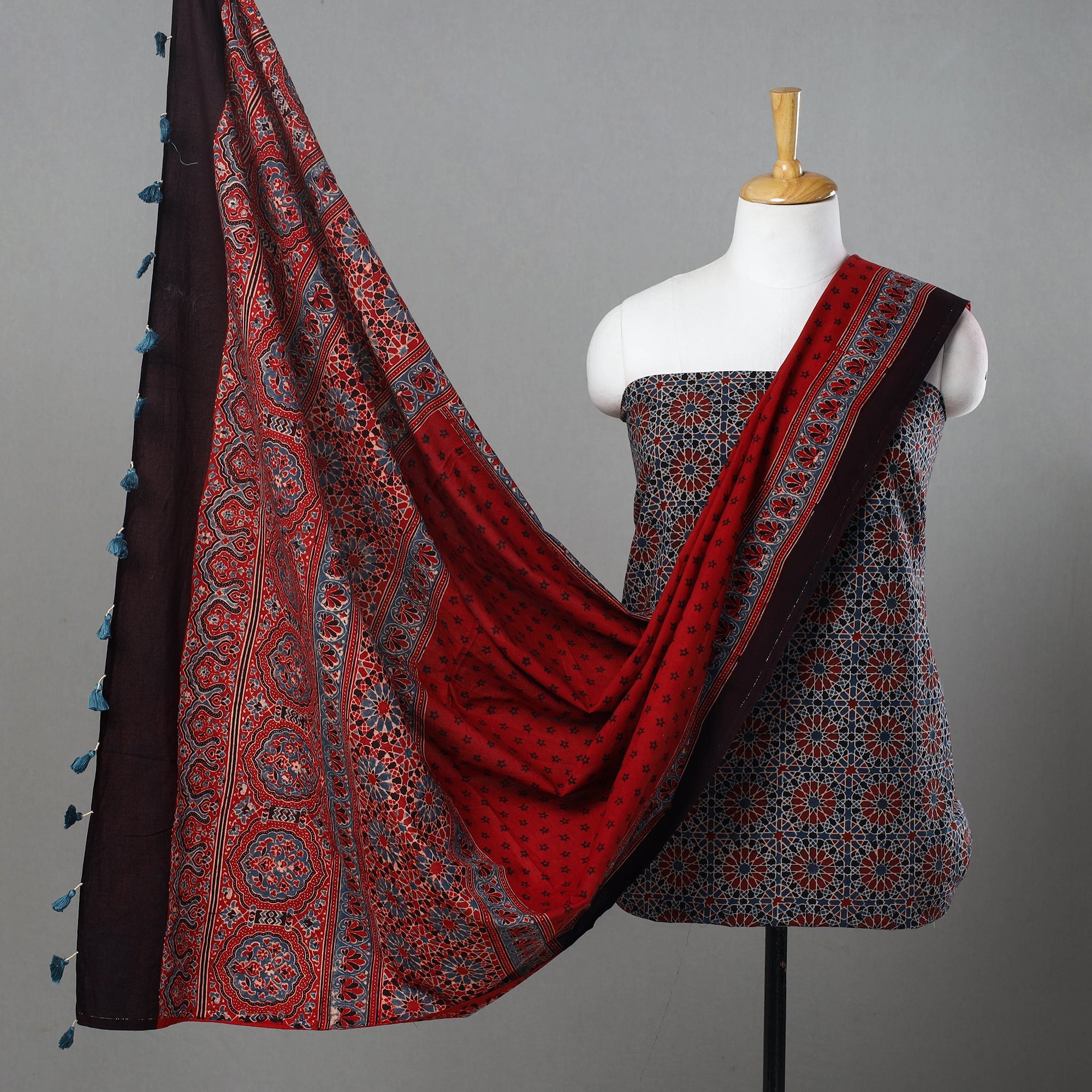 AJRAKH BY SUFIYAN ISMAIL KHATRI Blue - Hand Block Print Cotton 3pc Ajrakh Dress Material 07