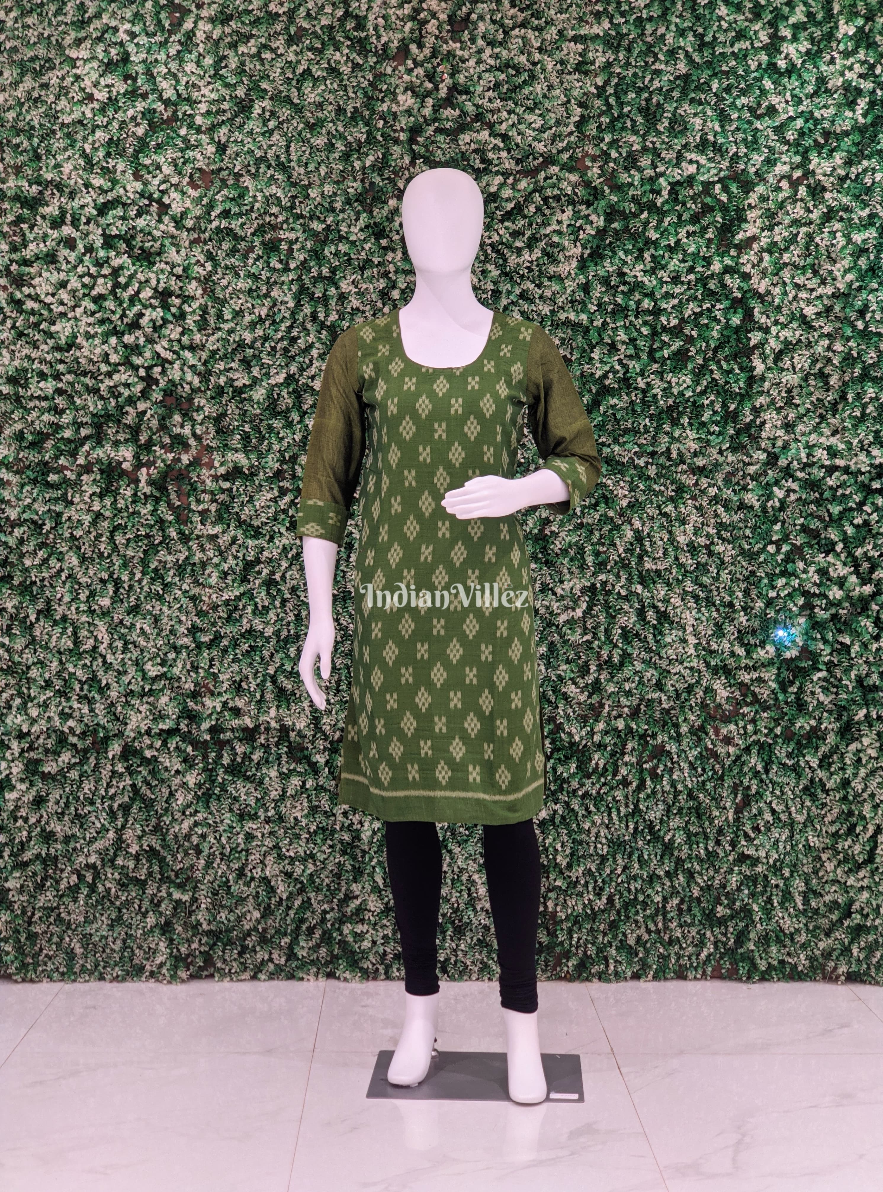 IndianVillèz Mehendi Green Odisha Ikat Designer Cotton Kurti