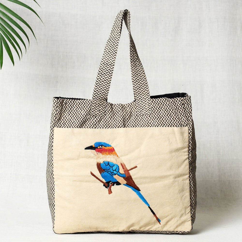 DASTKAR RANTHAMBORE Bird Hand Embroidered Cotton Hand Bag