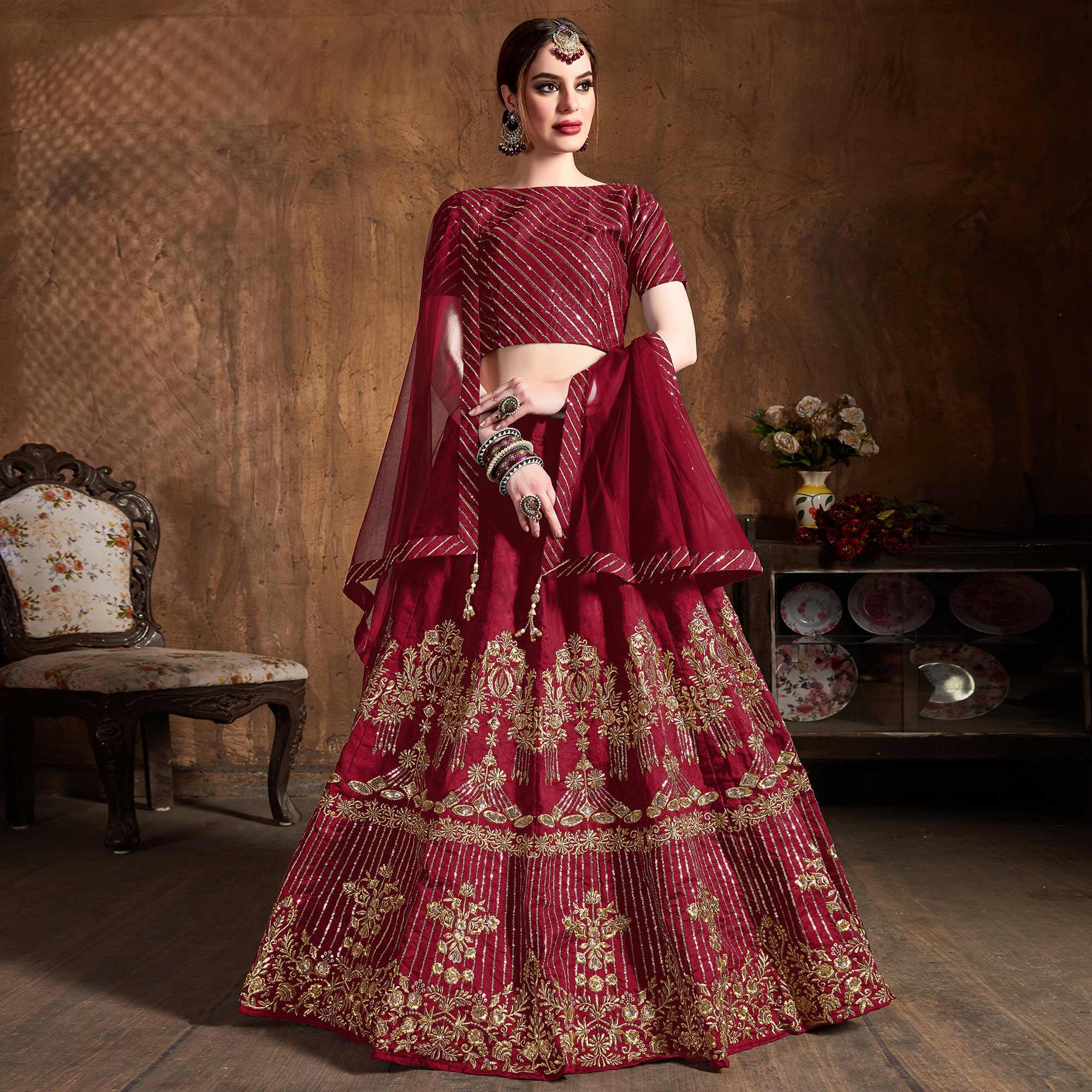 Peachmode Excellent Red Colored Partywear Embroidered Banglori Silk Lehenga