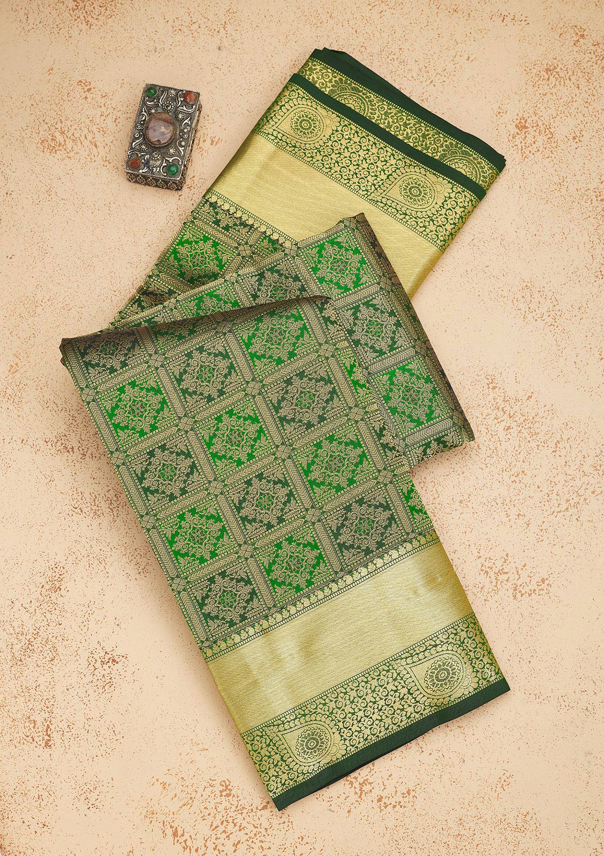 Koskii Bottle Green Zariwork Pure Silk Saree – Women's