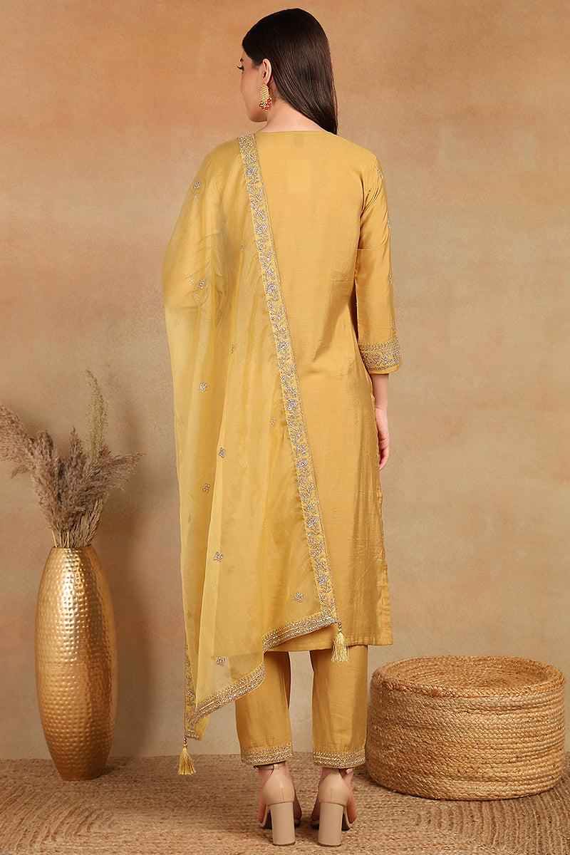 Ahika Golden Yellow Silk Blend Solid Embroidered Straight Trouser Bottom Suit Set PKSKD2520YLW - view 6