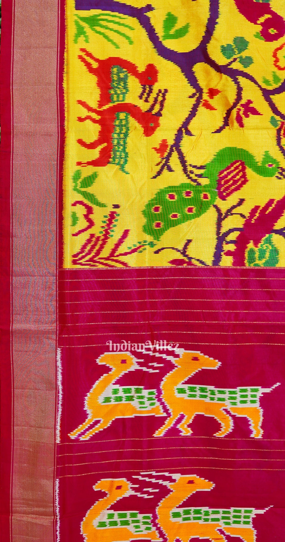 IndianVillèz Yellow Nature With Wildlife Design Pochampally Ikat Silk Saree - view 3
