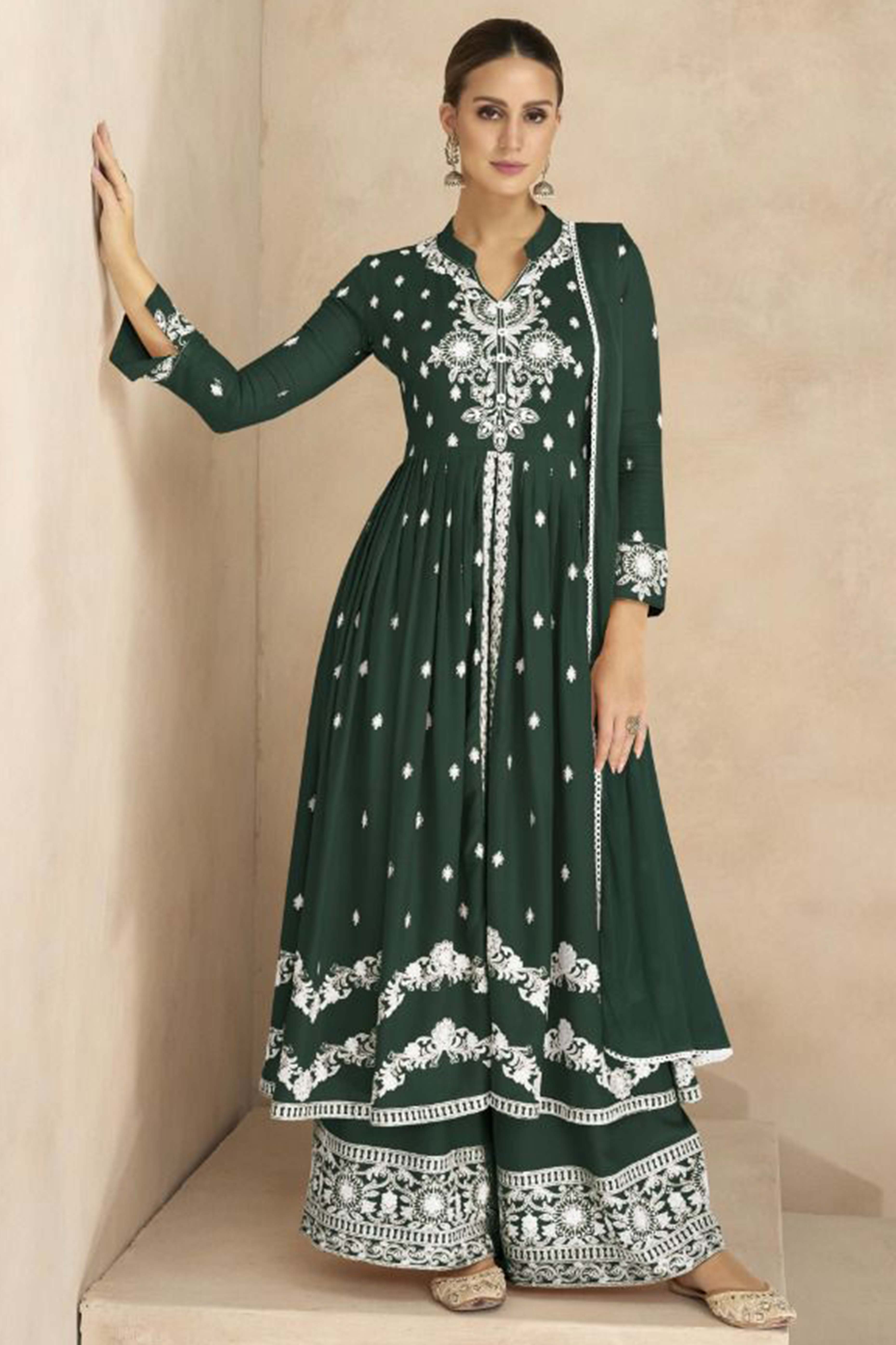 Peachmode Dark Green Floral Embroidered Rayon Palazzo Suit